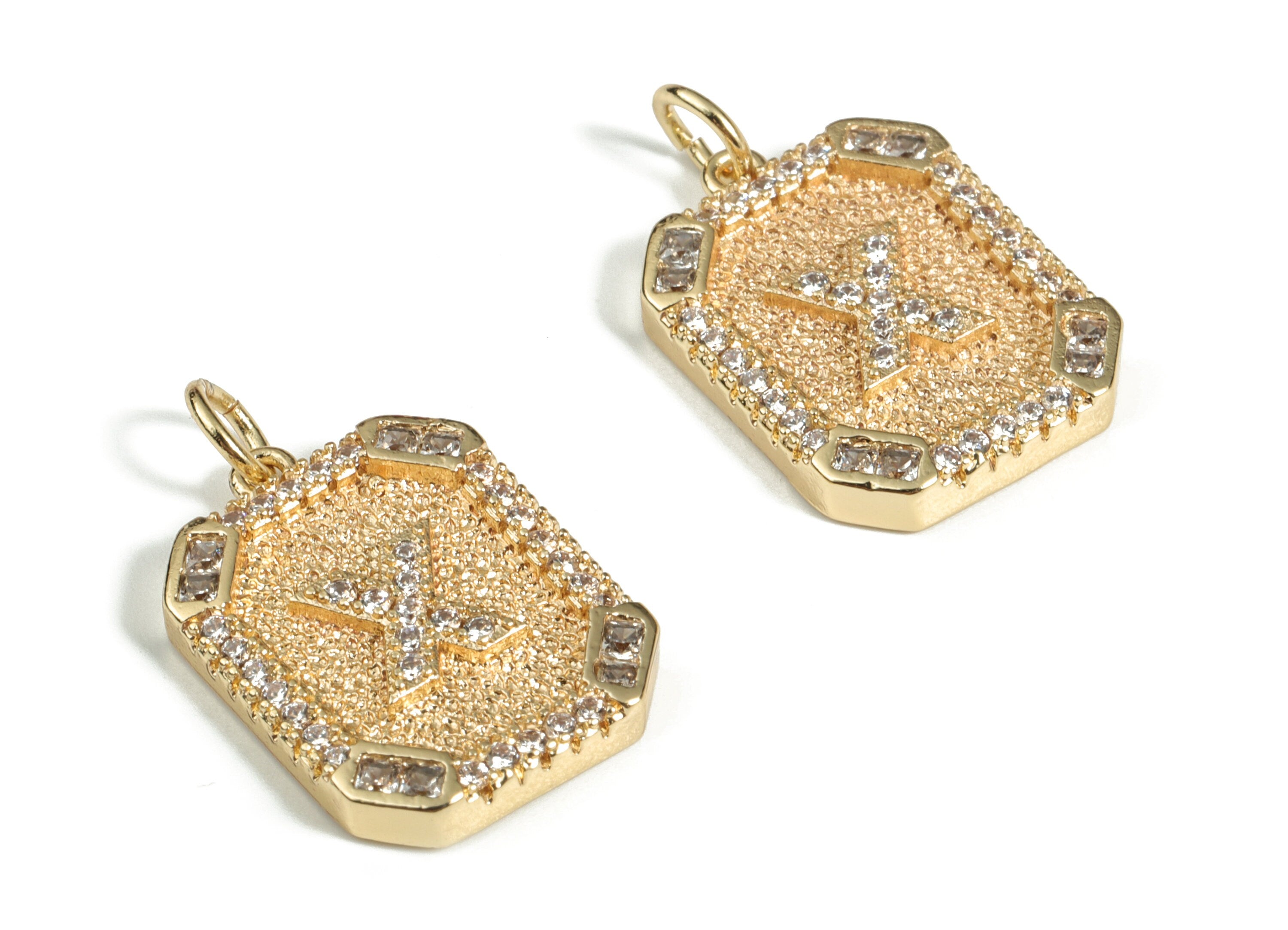 Brass Square Letter X Earring Charm With Zircons - Initial X Gold Square Pendant -18k Real Gold Plated Brass - 22.89x13.97x2.7mm - RGP3135X - DOMEDBAZAAR