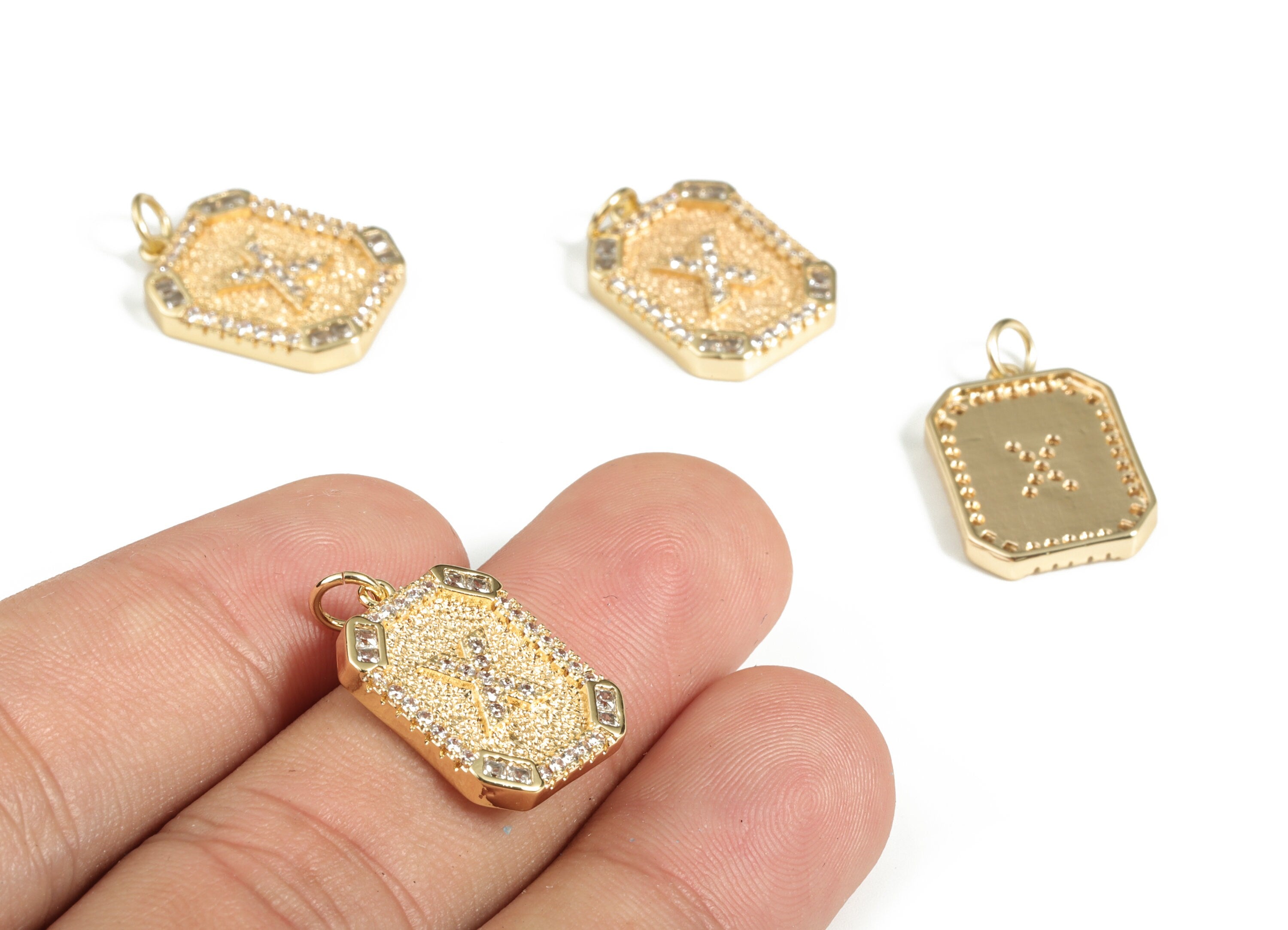 Brass Square Letter X Earring Charm With Zircons - Initial X Gold Square Pendant -18k Real Gold Plated Brass - 22.89x13.97x2.7mm - RGP3135X - DOMEDBAZAAR