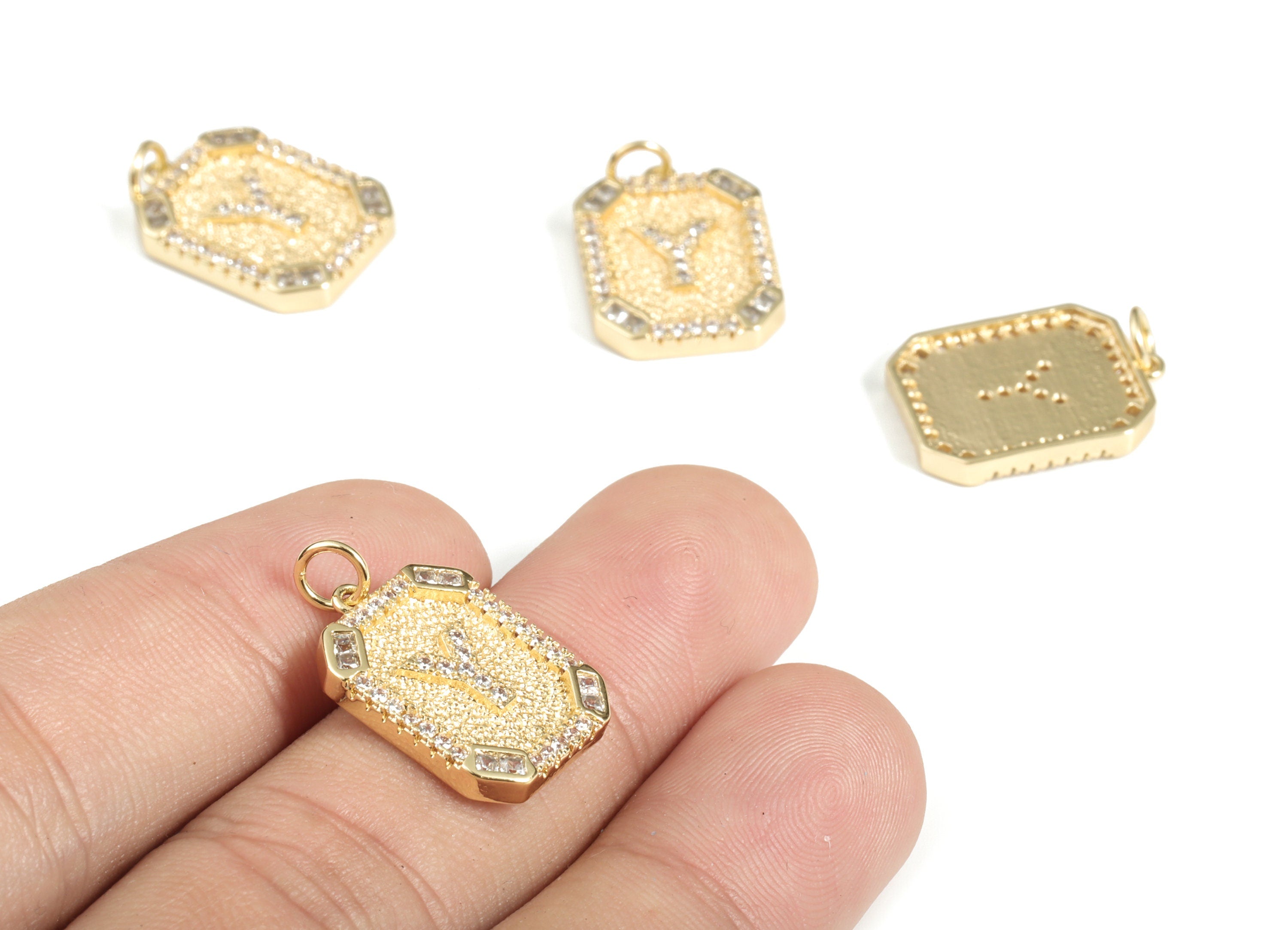 Brass Square Letter Y Earring Charm With Zircons - 18k Real Gold Plated Brass - Initial Y Gold Square Pendant - 22.89x13.97x2.7mm - RGP3135Y - DOMEDBAZAAR