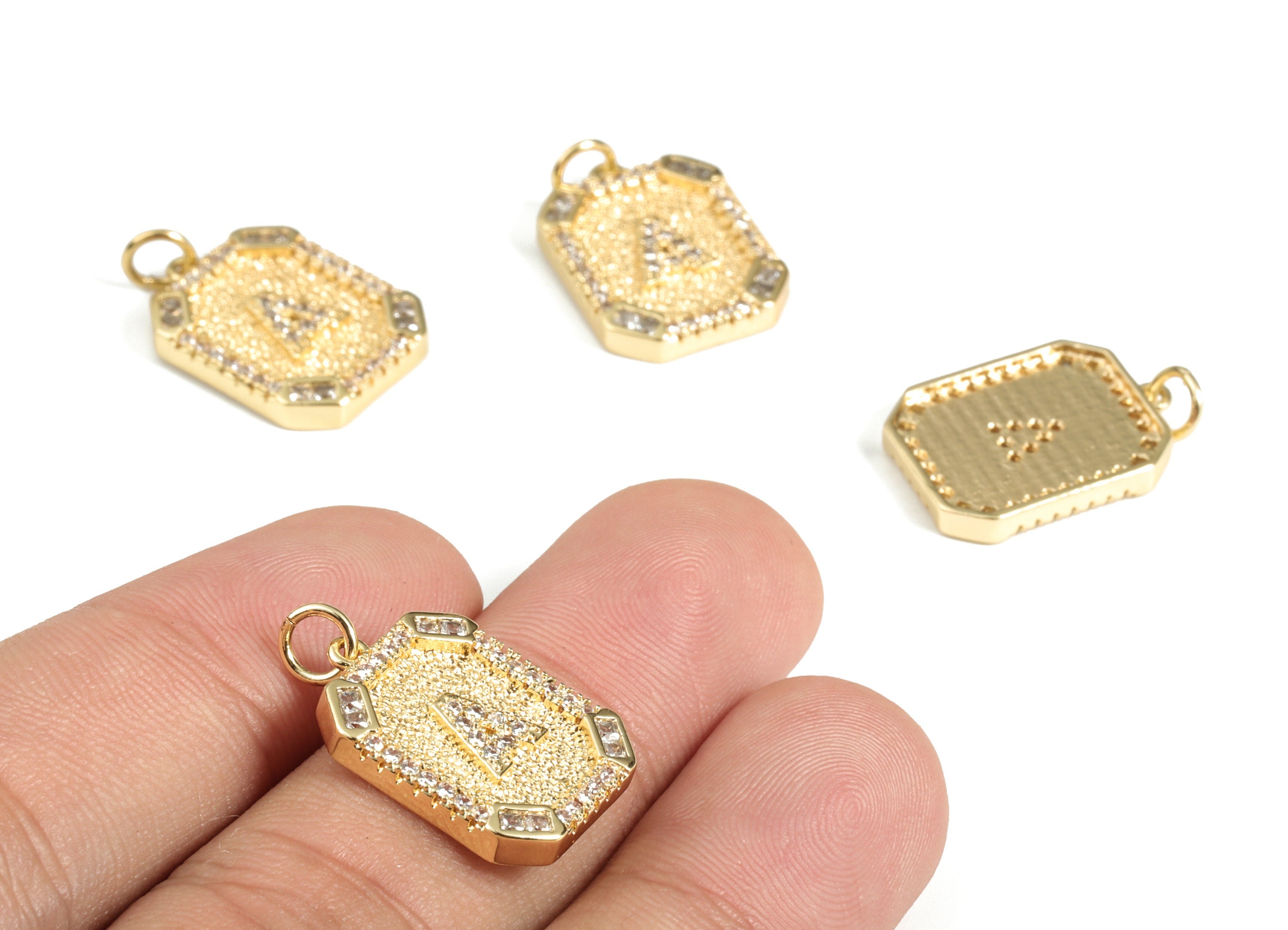 Brass Square Letter A Earring Charm With Zircons -18k Real Gold Plated Brass - Initial A Gold Square Pendant -22.89x13.97x2.7mm - RGP3135A - DOMEDBAZAAR