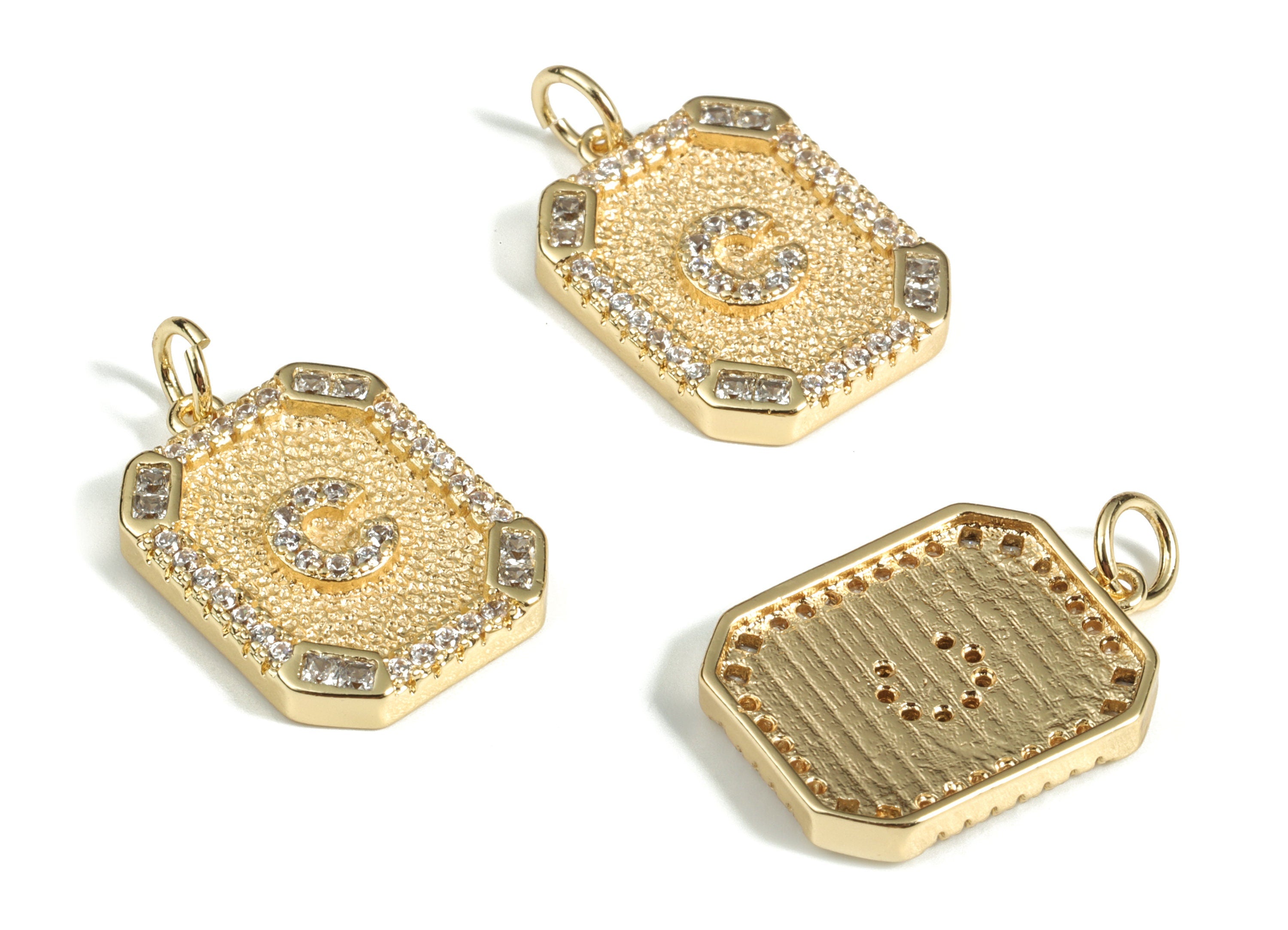 Brass Square Letter C Earring Charm With Zircons -18k Real Gold Plated Brass -Initial C Gold Square Pendant - 22.89x13.97x2.7mm - RGP3135C - DOMEDBAZAAR
