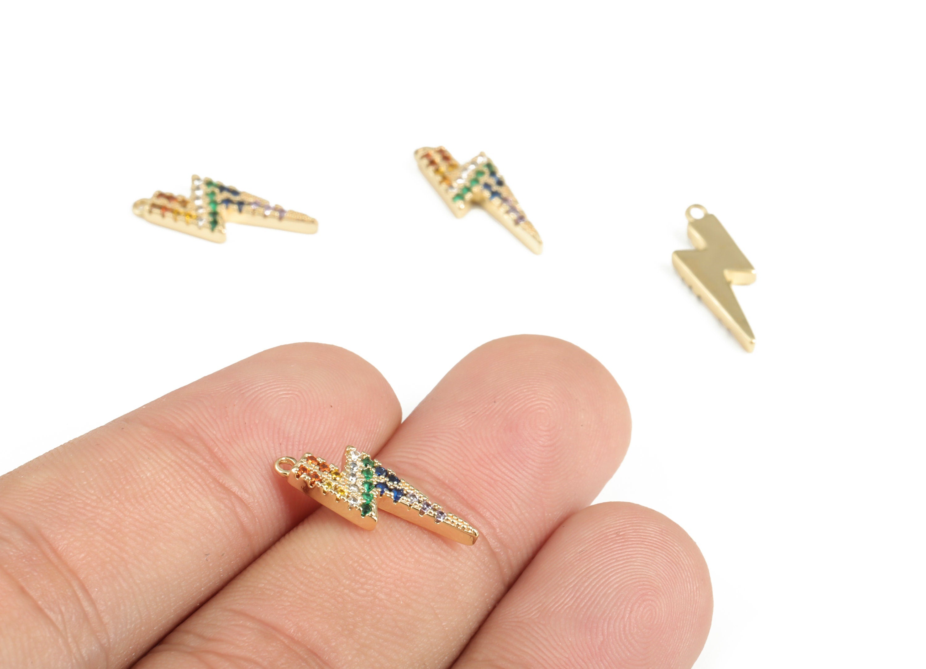 Brass Lightning Earring Charms With Zircons - Gold Lightning Pendant - 18K Real Gold Plated Brass - 17.79x6.06x2.14mm - RGP3052 - DOMEDBAZAAR