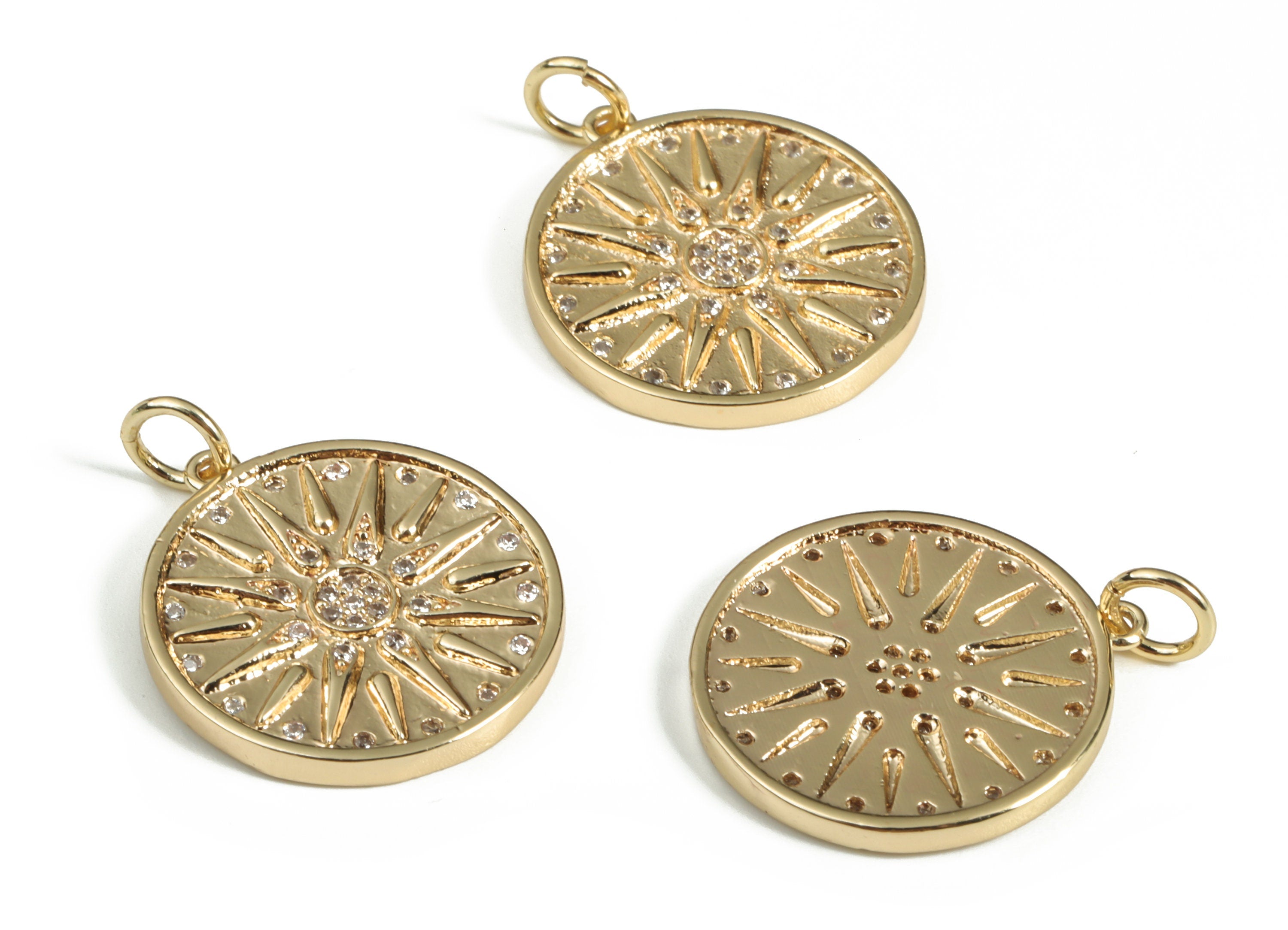Gold Brass Sun Pendant - Brass Zircon Sun Charm – Round Disc Earring Charms – 18K Real Gold Plated Brass – 22.96x 17.77x 1.84mm – RGP3048 - DOMEDBAZAAR