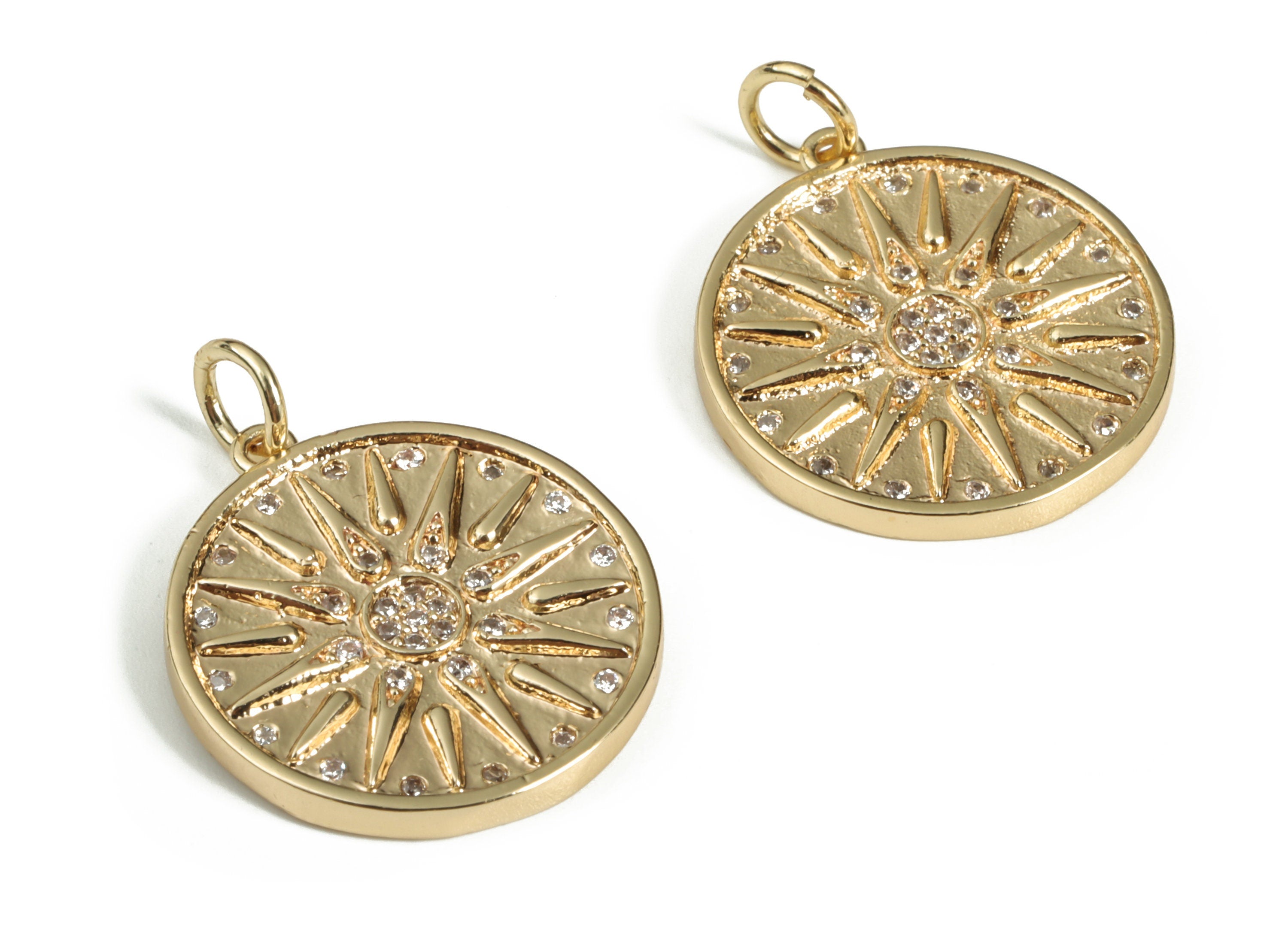Gold Brass Sun Pendant - Brass Zircon Sun Charm – Round Disc Earring Charms – 18K Real Gold Plated Brass – 22.96x 17.77x 1.84mm – RGP3048 - DOMEDBAZAAR
