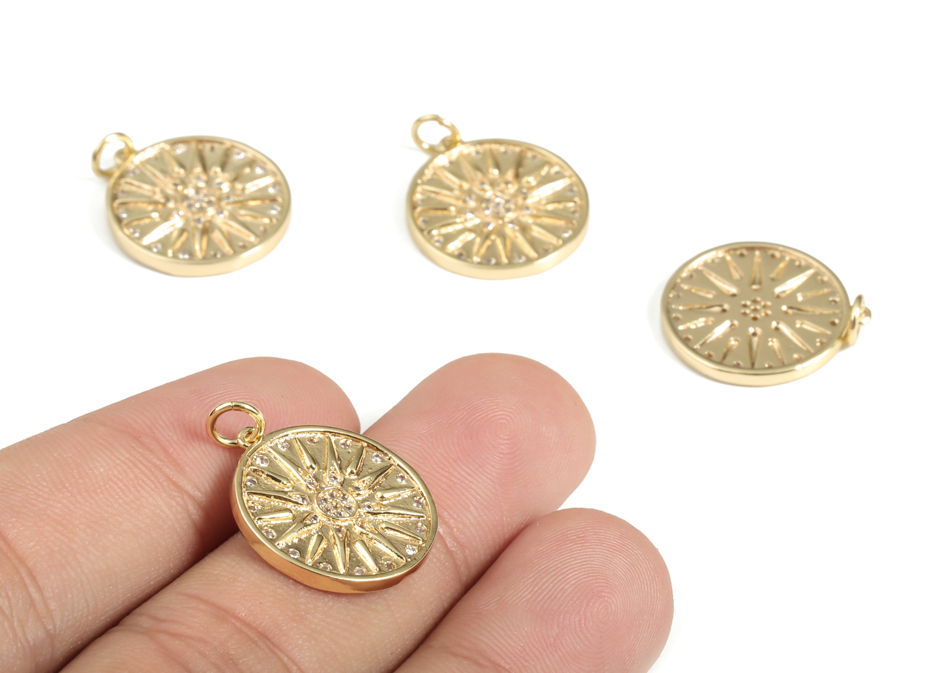 Gold Brass Sun Pendant - Brass Zircon Sun Charm – Round Disc Earring Charms – 18K Real Gold Plated Brass – 22.96x 17.77x 1.84mm – RGP3048 - DOMEDBAZAAR