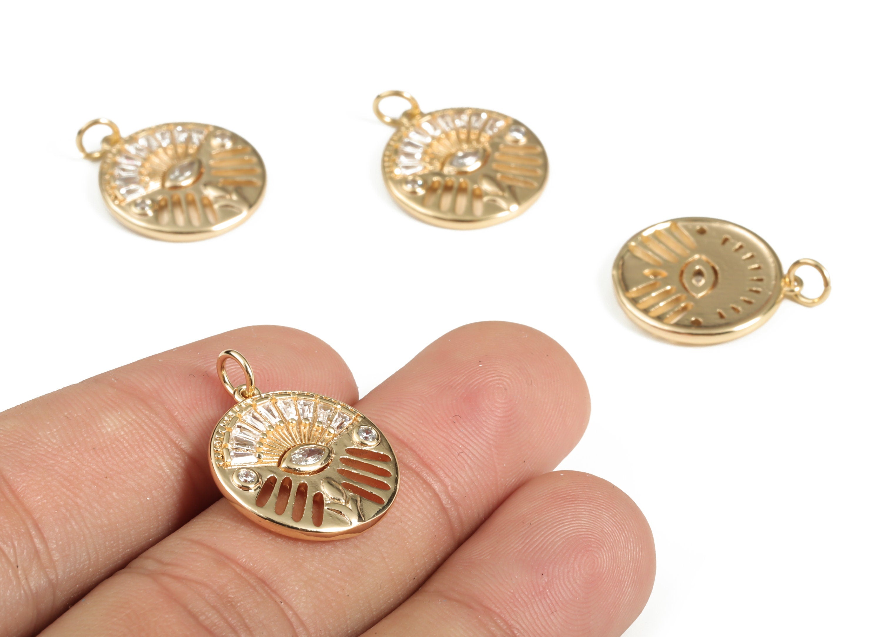 Brass Round Eye Earring Charms With Zircons - Gold Circle Eye Pendant - 18K Real Gold Plated Brass - 22.46x17.25x2.15mm - RGP3117 - DOMEDBAZAAR