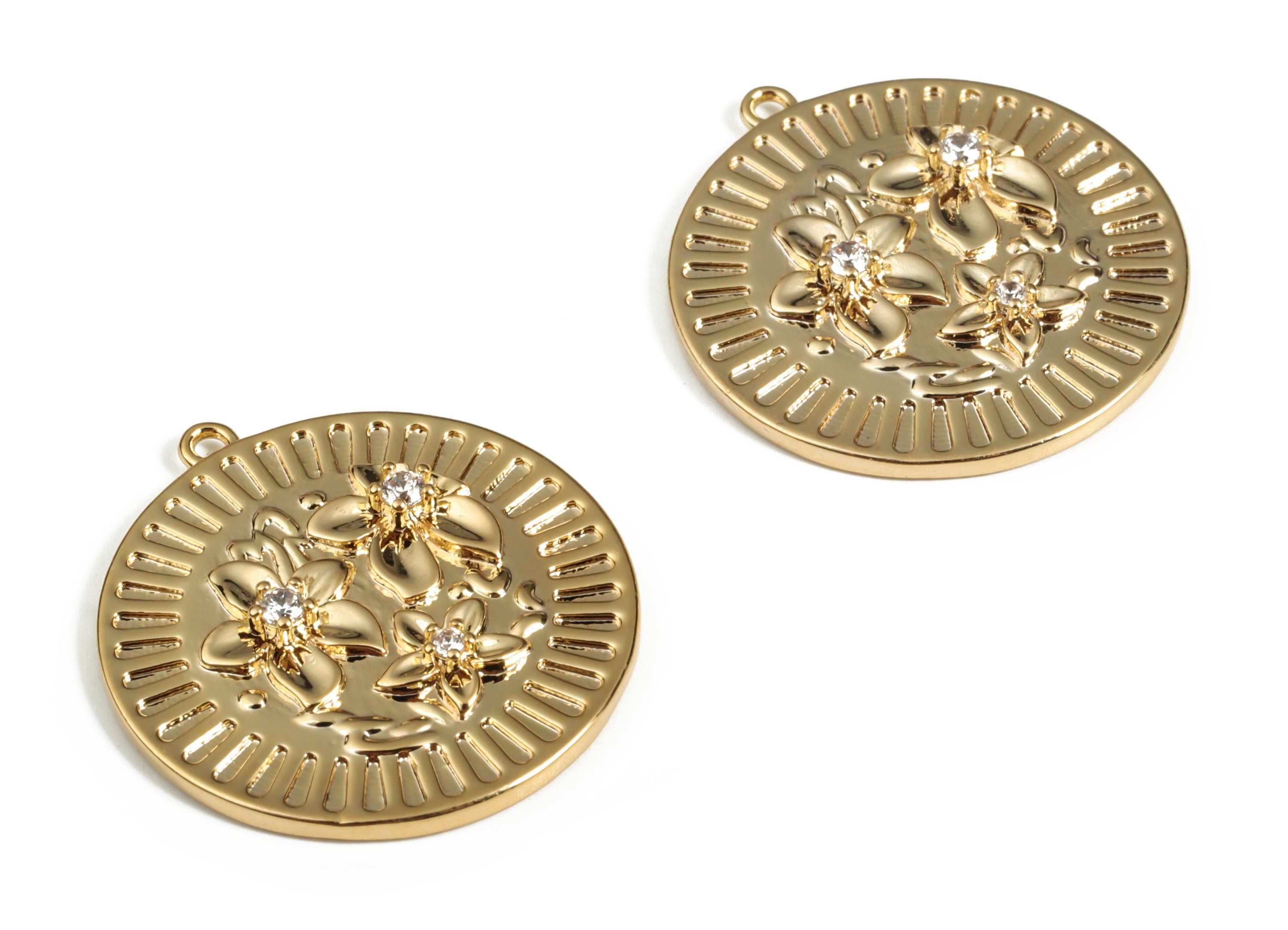 Brass Round Flower Earring Charms With Zircons - Gold Circle Flower Pendant - 18K Real Gold Plated Brass - 25.09x23.2x3.04mm - RGP3116 - DOMEDBAZAAR