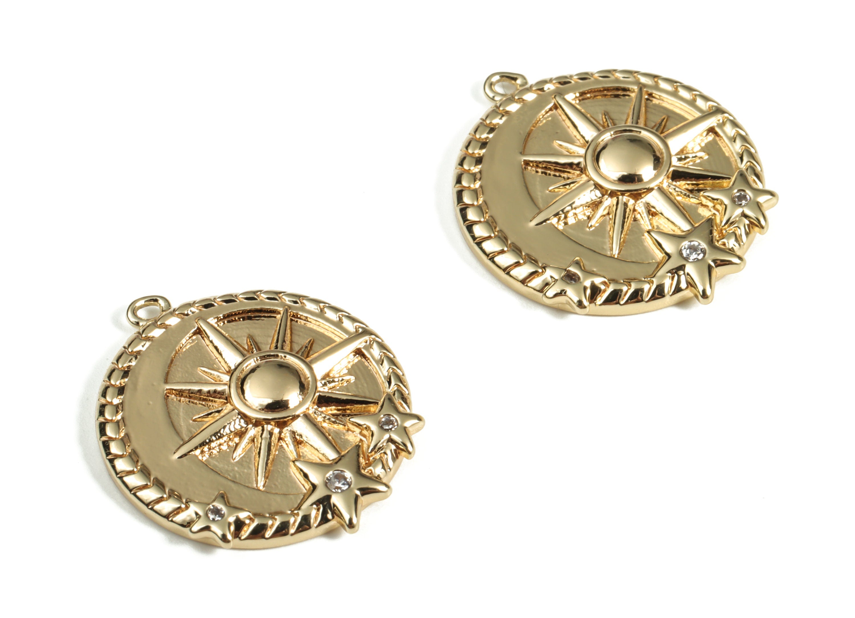 Brass Round Sun Earring Charms With Zircon - Gold Circle Sun Pendant - 18K Real Gold Plated Brass - Jewelry Supplies - 20x17x3mm - RGP3112 - DOMEDBAZAAR