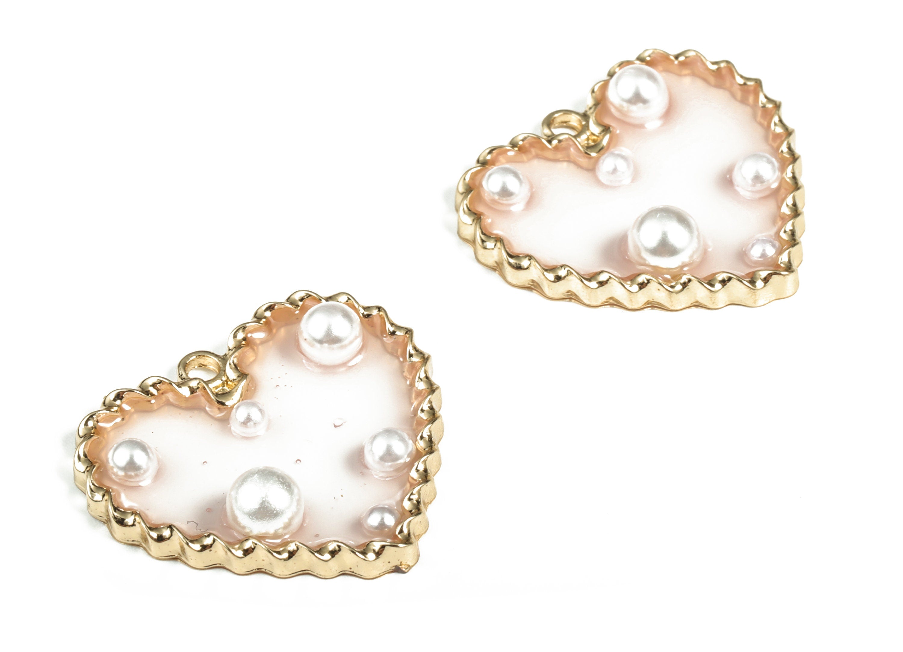 Alloy Heart Earring Charms With Pearl - Zinc Alloy Heart Pendant - Gold Tone Plated Zircon - AB Glue Pearl - 29.75x27.37x2.6mm - ZZ1802A - DOMEDBAZAAR