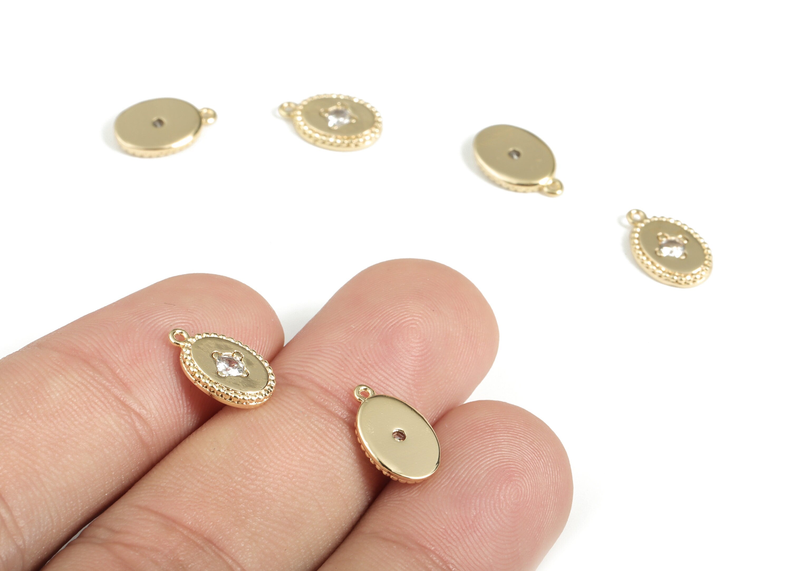 Brass Oval Flower Earring Charms With Zircons - Gold Oval Flower Pendant - 18K Real Gold Plated Brass - 11.49x7.4x1.73mm - RGP3175 - DOMEDBAZAAR