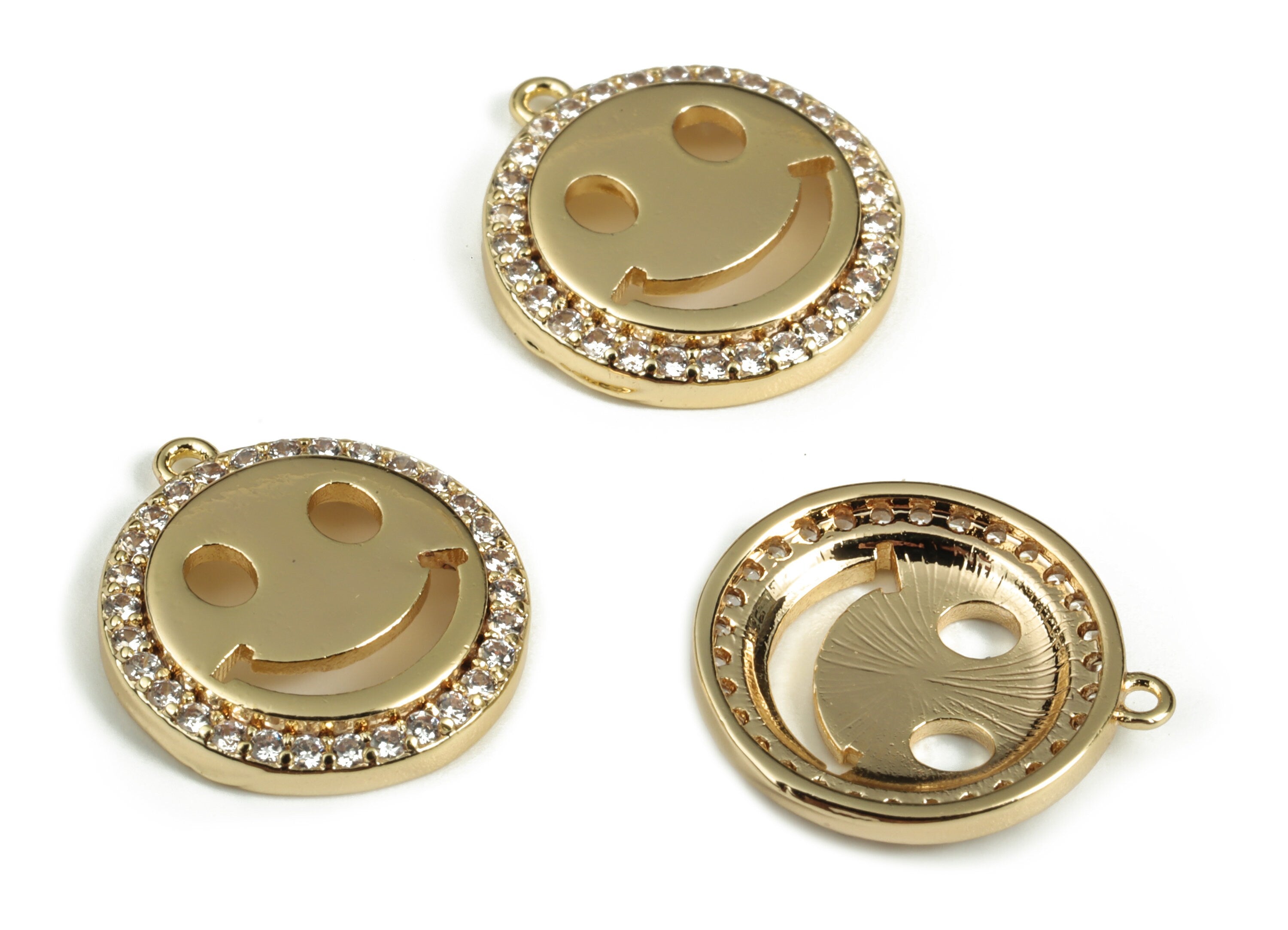 Brass Round Earring Charms with Zircons - Gold Smiley Pendant - 18K Real Gold Plated Brass - Jewelry Supplies - 14.73x13.1x2.41mm - RGP3169 - DOMEDBAZAAR