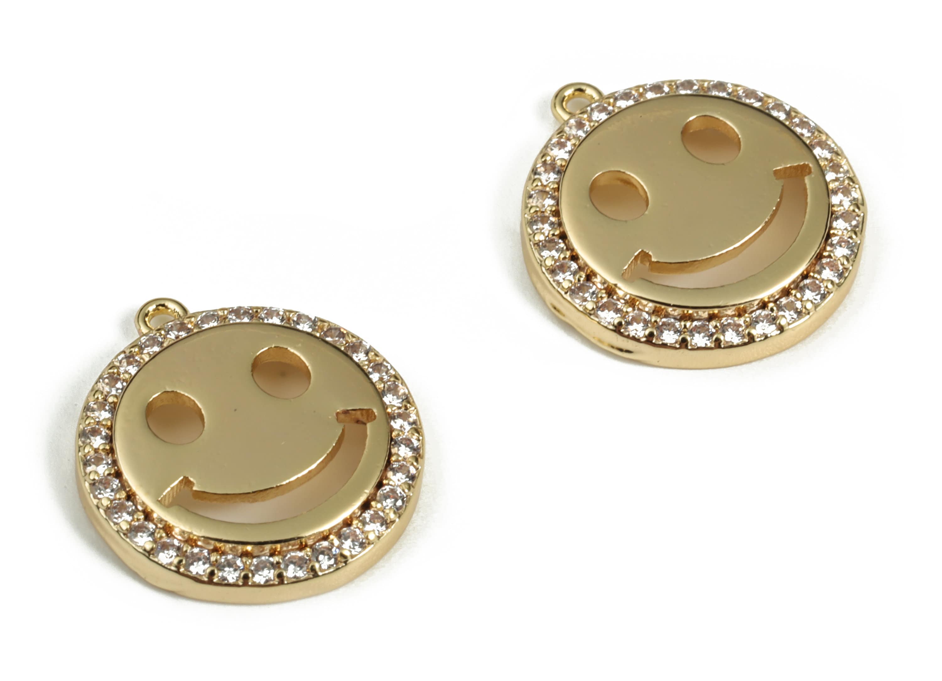 Brass Round Earring Charms with Zircons - Gold Smiley Pendant - 18K Real Gold Plated Brass - Jewelry Supplies - 14.73x13.1x2.41mm - RGP3169 - DOMEDBAZAAR