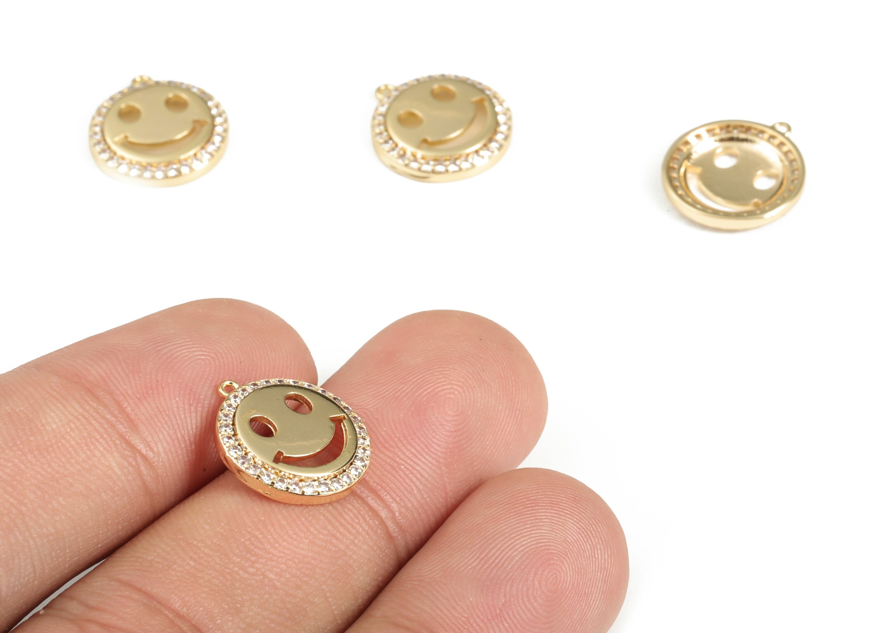 Brass Round Earring Charms with Zircons - Gold Smiley Pendant - 18K Real Gold Plated Brass - Jewelry Supplies - 14.73x13.1x2.41mm - RGP3169 - DOMEDBAZAAR