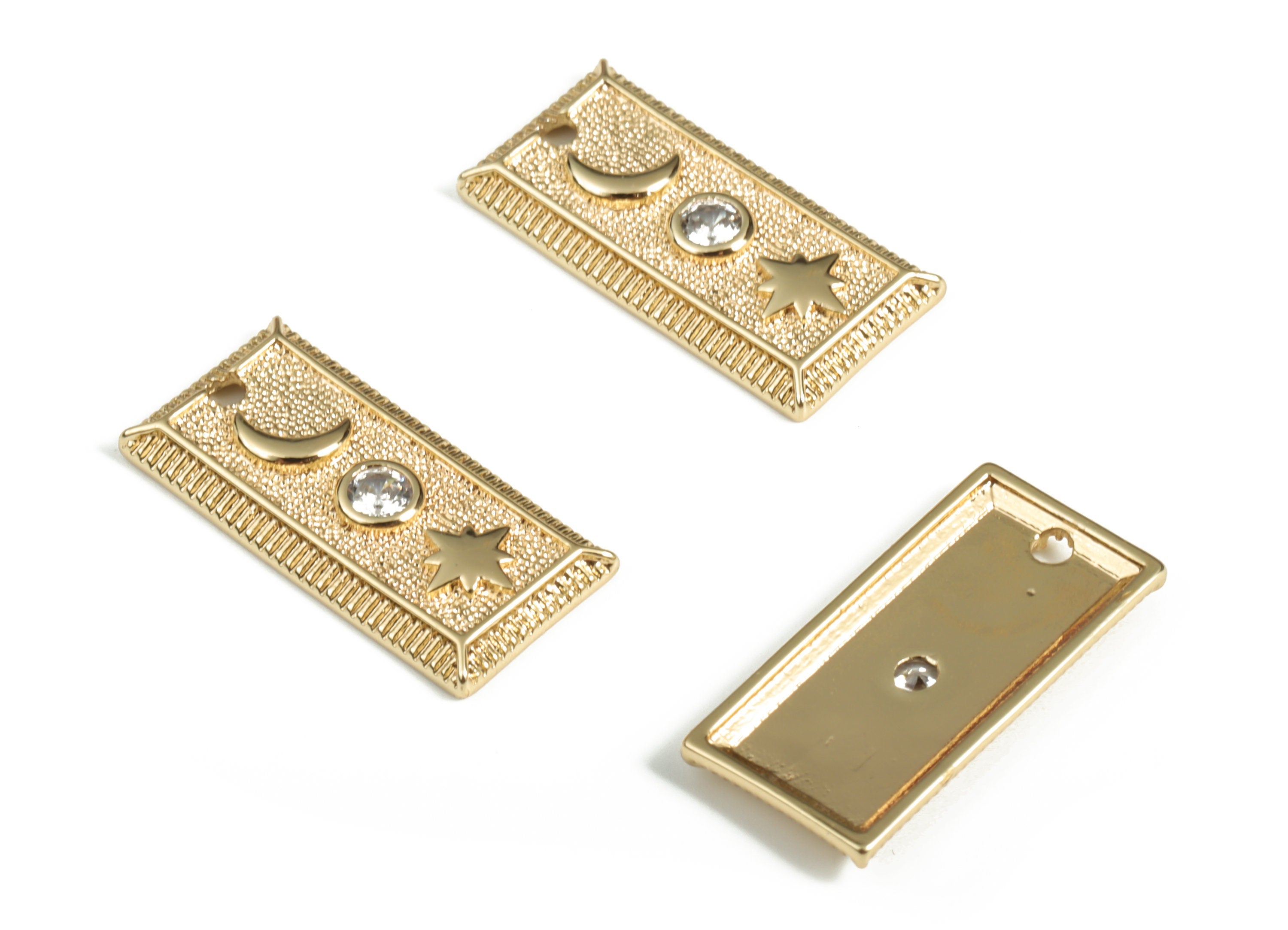 Brass Rectangle Crescent Earring Charms With Zircons - Gold Rectangle Star Pendant - 18K Real Gold Plated Brass - 20.7x10.14x2.3mm - RGP3111 - DOMEDBAZAAR