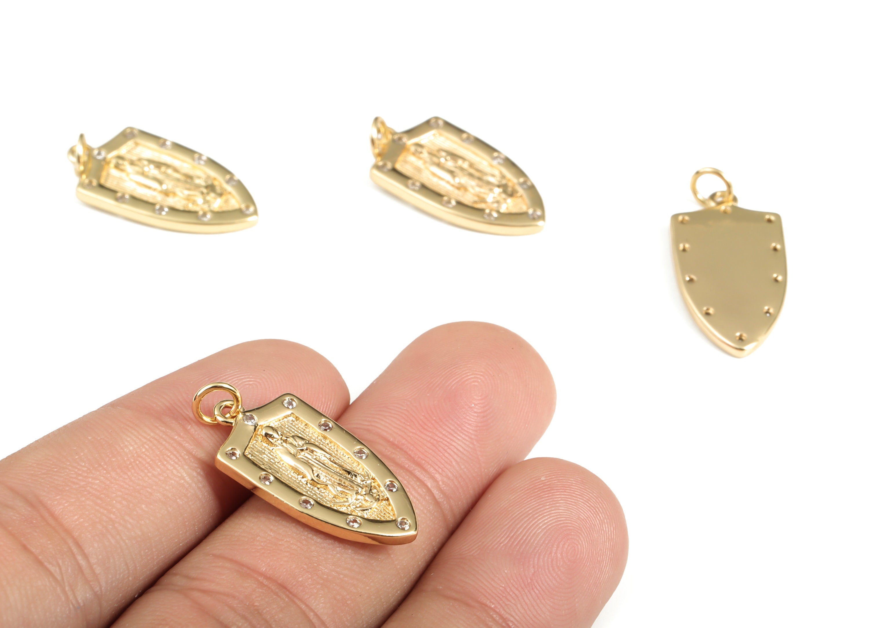 Brass Drop Saint Earring Charms With Zircons - Gold Drop Saint Pendant - 18K Real Gold Plated Brass - 26.9x12.42x2.24mm - RGP3109 - DOMEDBAZAAR