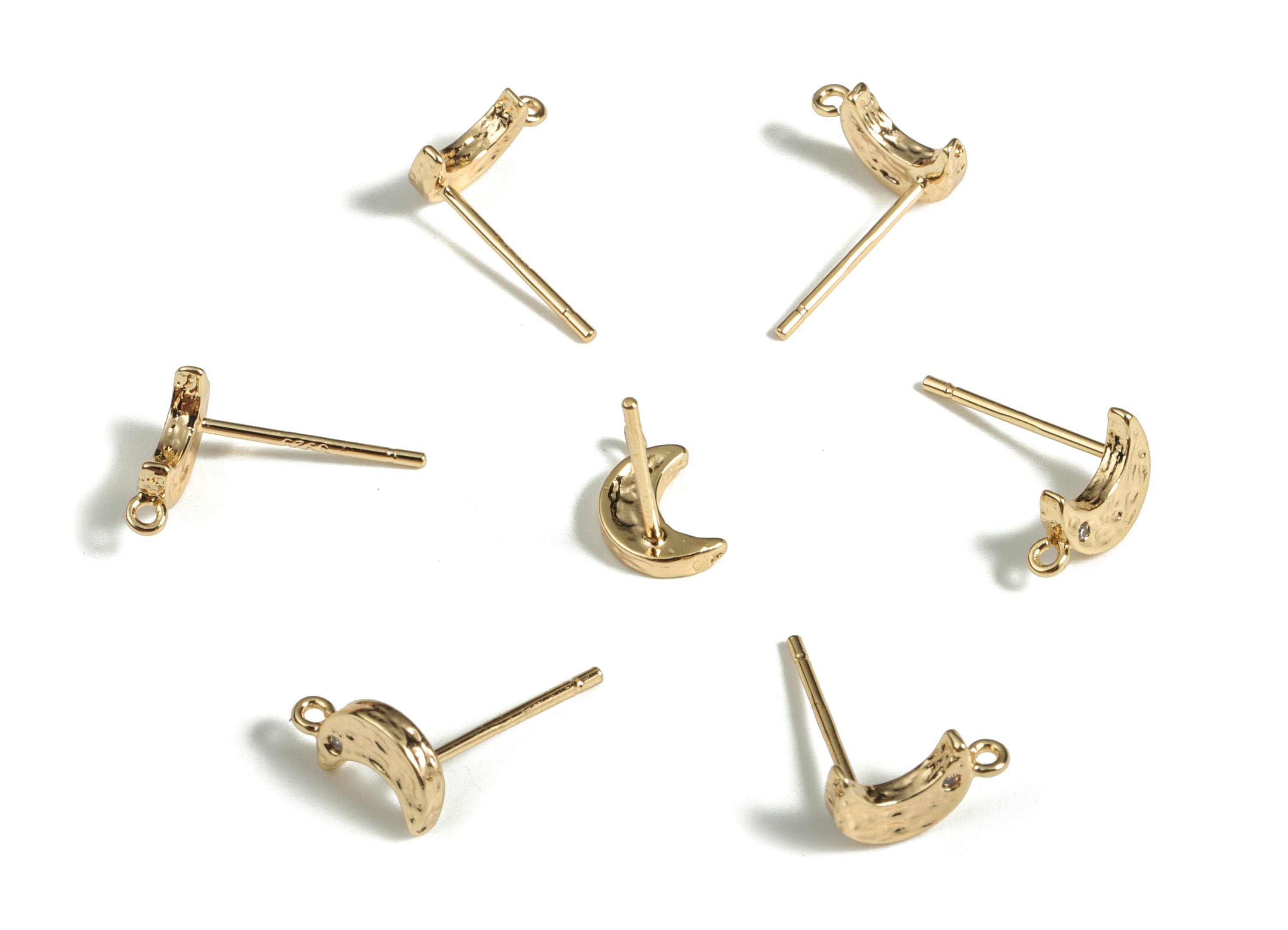 Brass Crescent Earring Post with Zircon - Gold Moon Earring Stud - 18K Real Gold Plated Brass - 925 Silver Stud - 8.72x5.26x1.54mm - RGP3132 - DOMEDBAZAAR