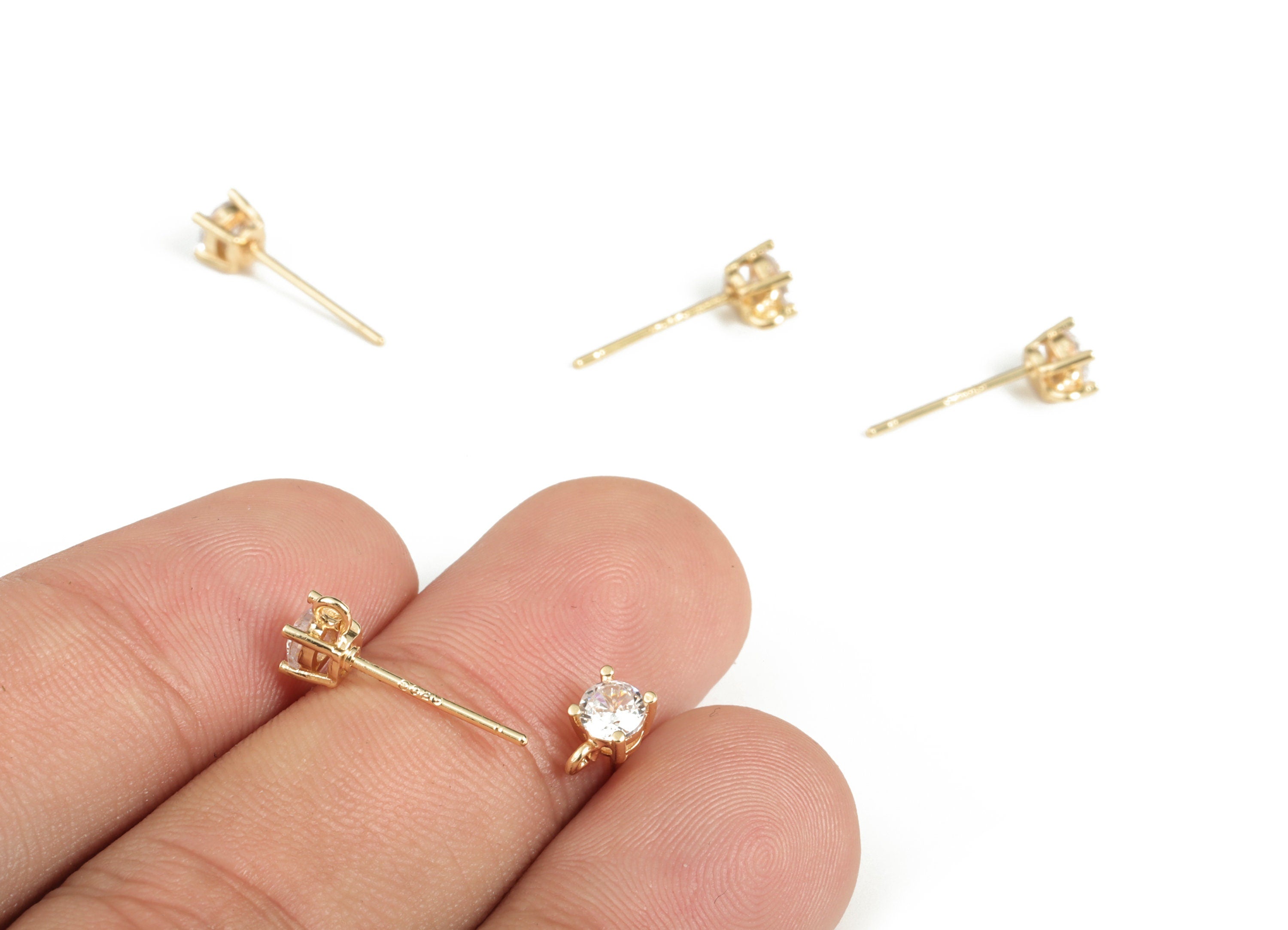 Brass Earring Post with Zircon- 925 silver Stud -18K Real Gold Plated Brass - Jewelry Supplies - Earring Finding- 6.05x4.02x4.34mm-RGP3133 - DOMEDBAZAAR
