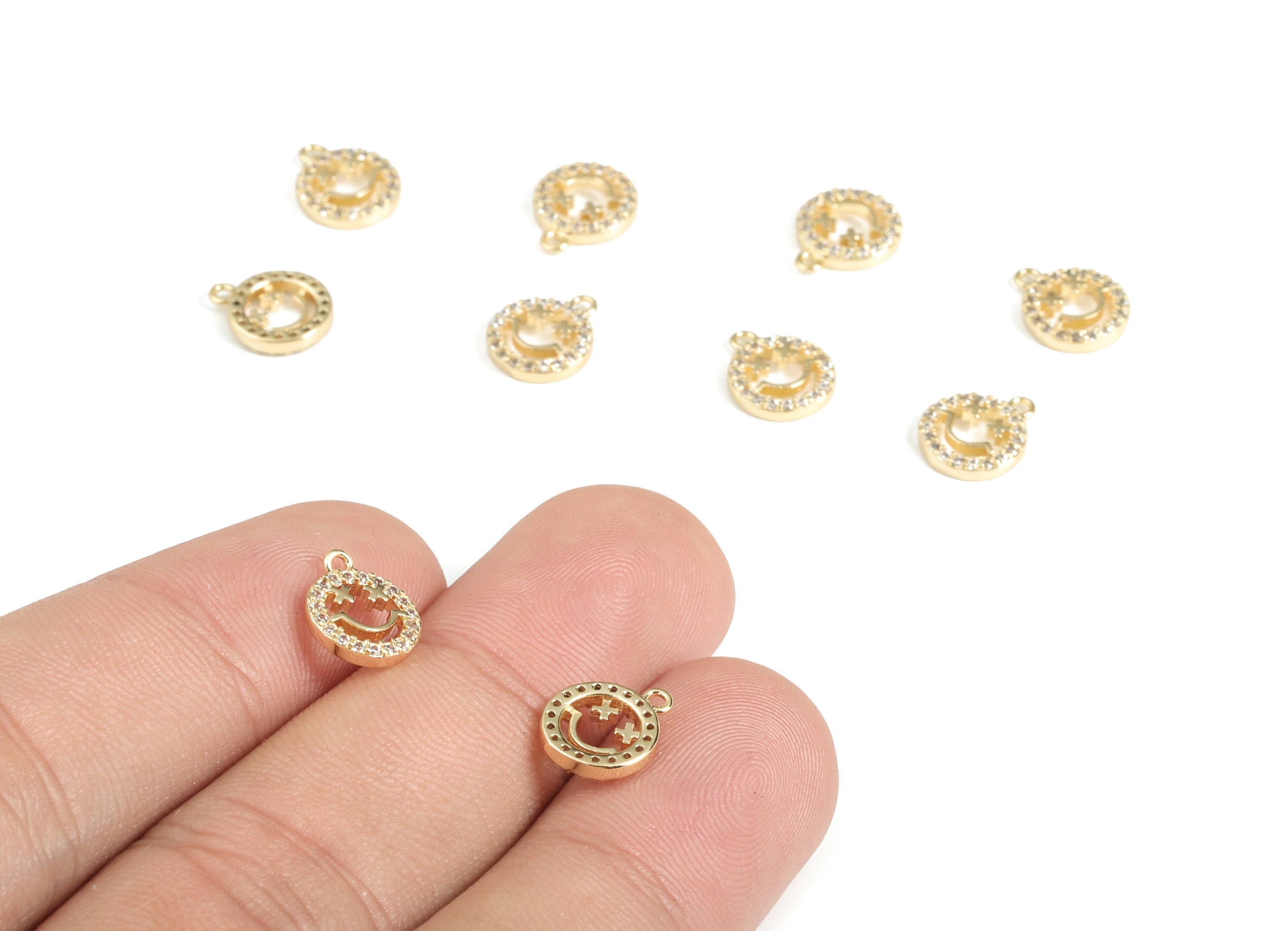 Brass Smiley Earring Charms With Zircons - Gold Smiley Pendant - 18K Real Gold Plated Brass - Jewelry Supplies - 9.91x8.19x1.82mm - RGP3178 - DOMEDBAZAAR