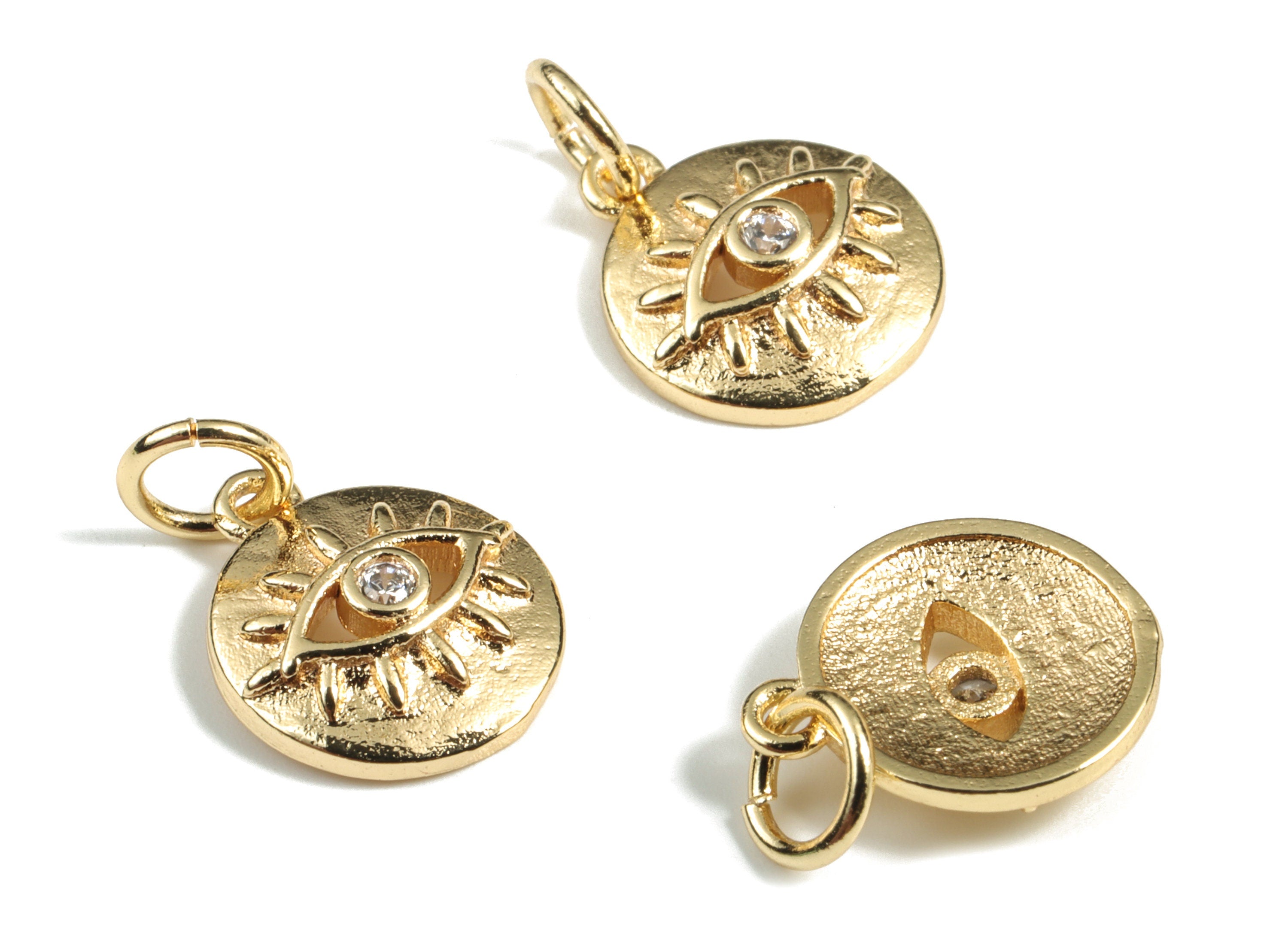 Brass Round Eye Earring Charms With Zircon - Gold Circle Eye Pendant - 18K Real Gold Plated Brass - 15.39x10.12x2.79mm - RGP3025 - DOMEDBAZAAR