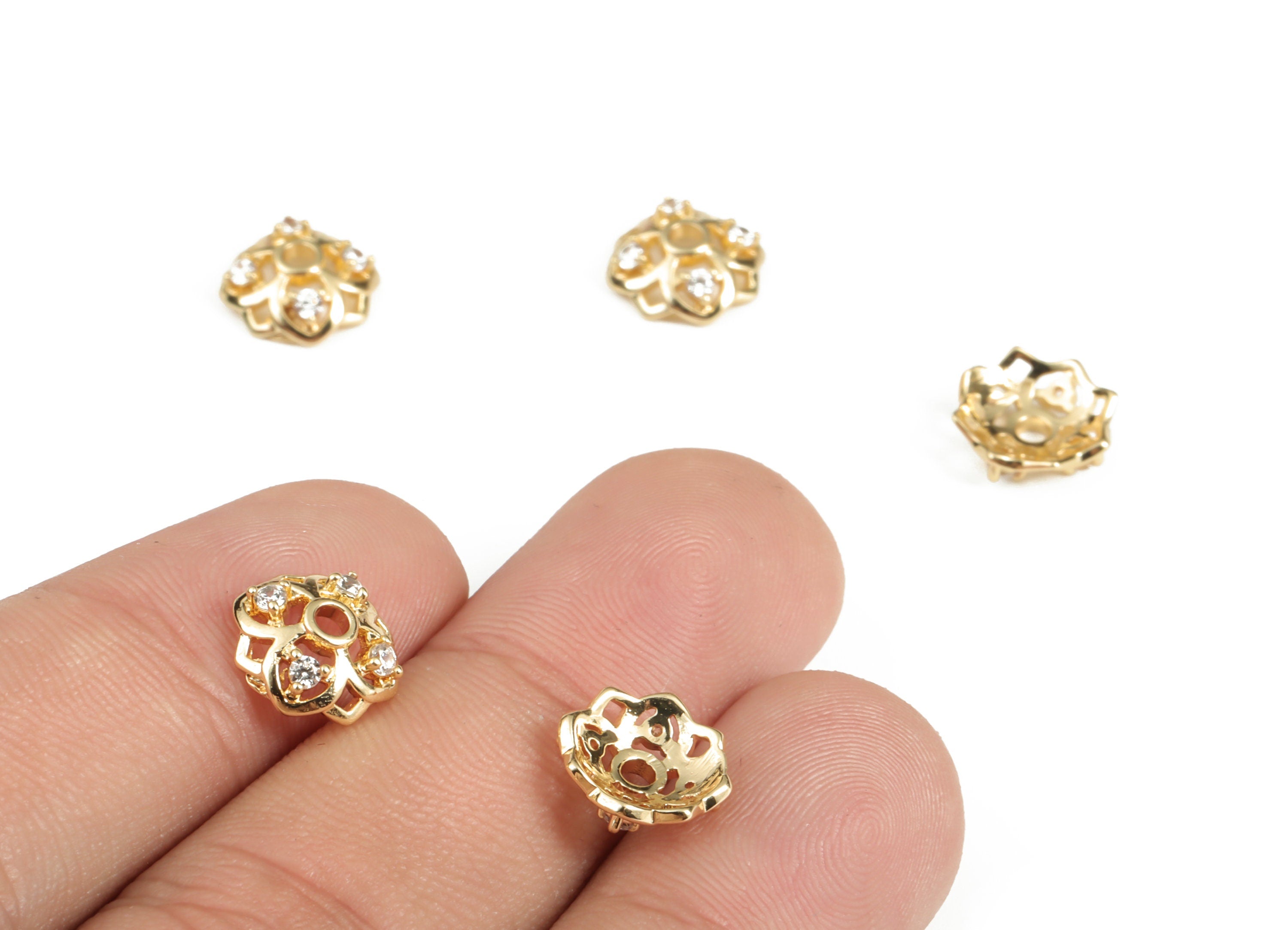 Brass Flower Earring Charms With Zircons - Gold Flower Pendant - 18K Real Gold Plated Brass - Jewelry Supplies - 10.14x9.96x2.13mm - RGP3120 - DOMEDBAZAAR