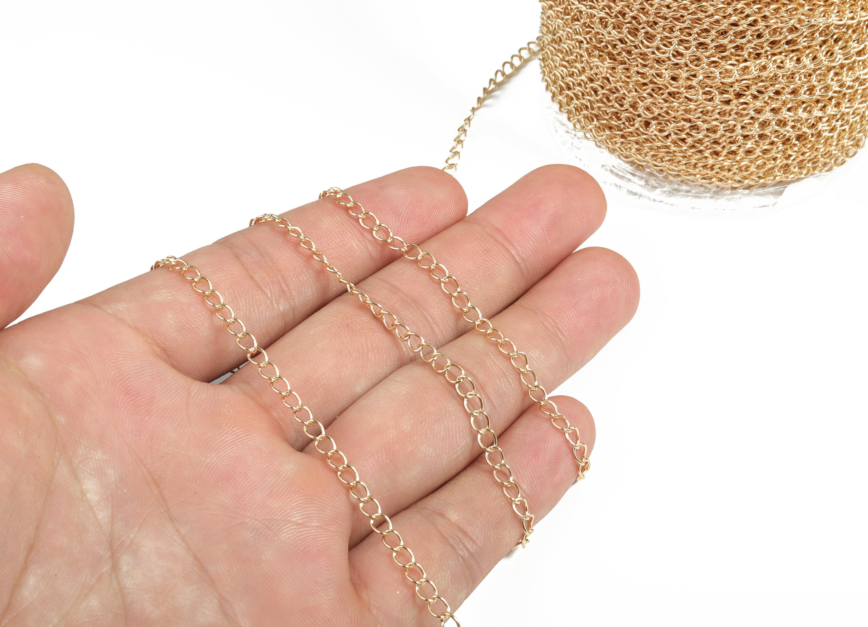 Gold Mini Curb Chain - 18K Real Gold Brass Thin Soldered Rectangle Oval Curb Chain - For Necklace Jewellery Making 0.16&quot;x0.12&quot;RGP3076 - DOMEDBAZAAR
