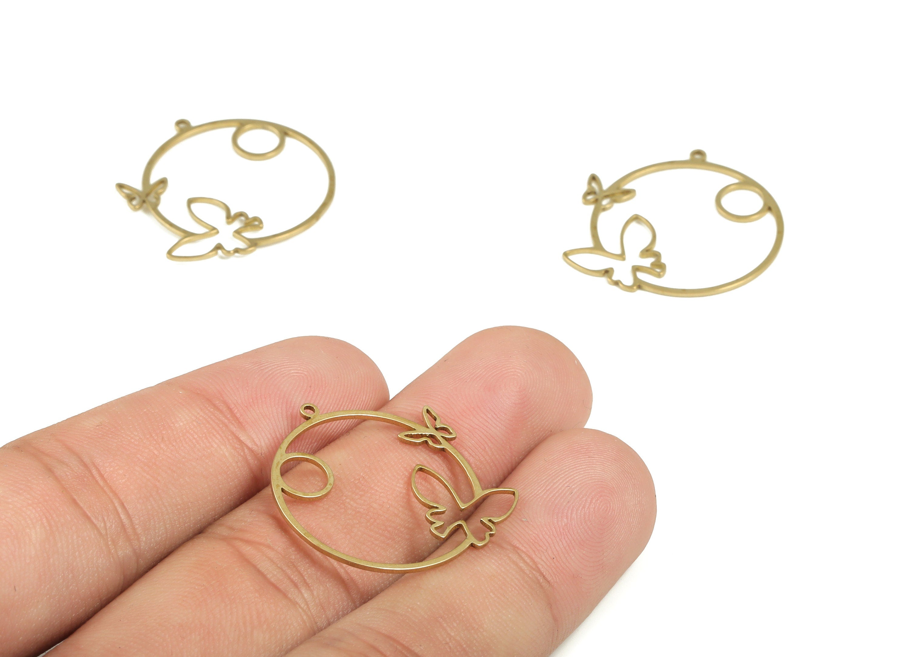 Brass Round Butterfly Earring Charms - Raw Brass Circle Butterfly Pendant - Jewelry Making Supplies - 25.09x24.65x0.73mm - PP4225 - DOMEDBAZAAR