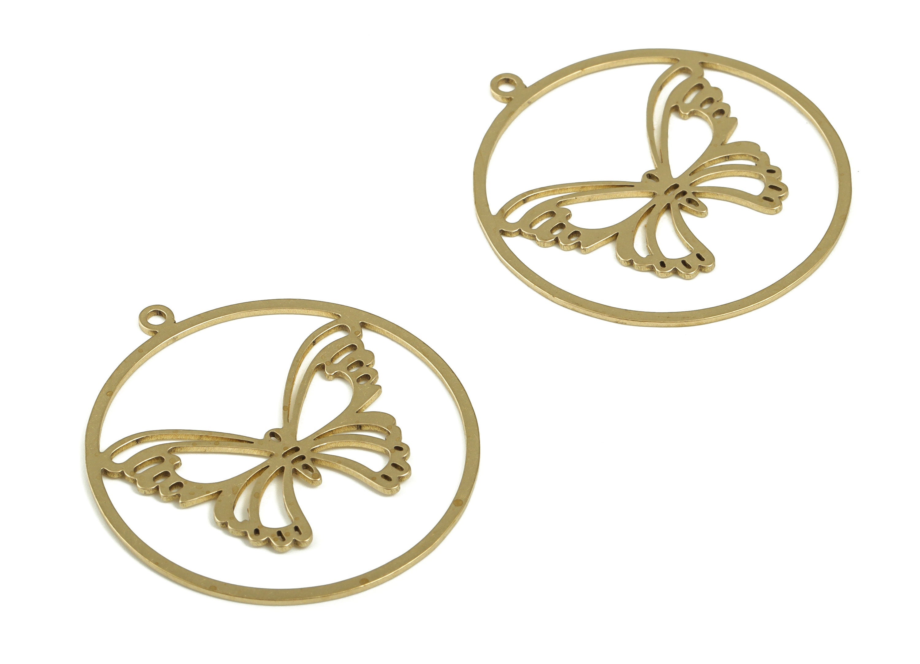 Brass Round Butterfly Earring Charms - Raw Brass Circle Butterfly Pendant - Jewelry Making Supplies - 34.84x31.98x0.71mm - PP4199 - DOMEDBAZAAR