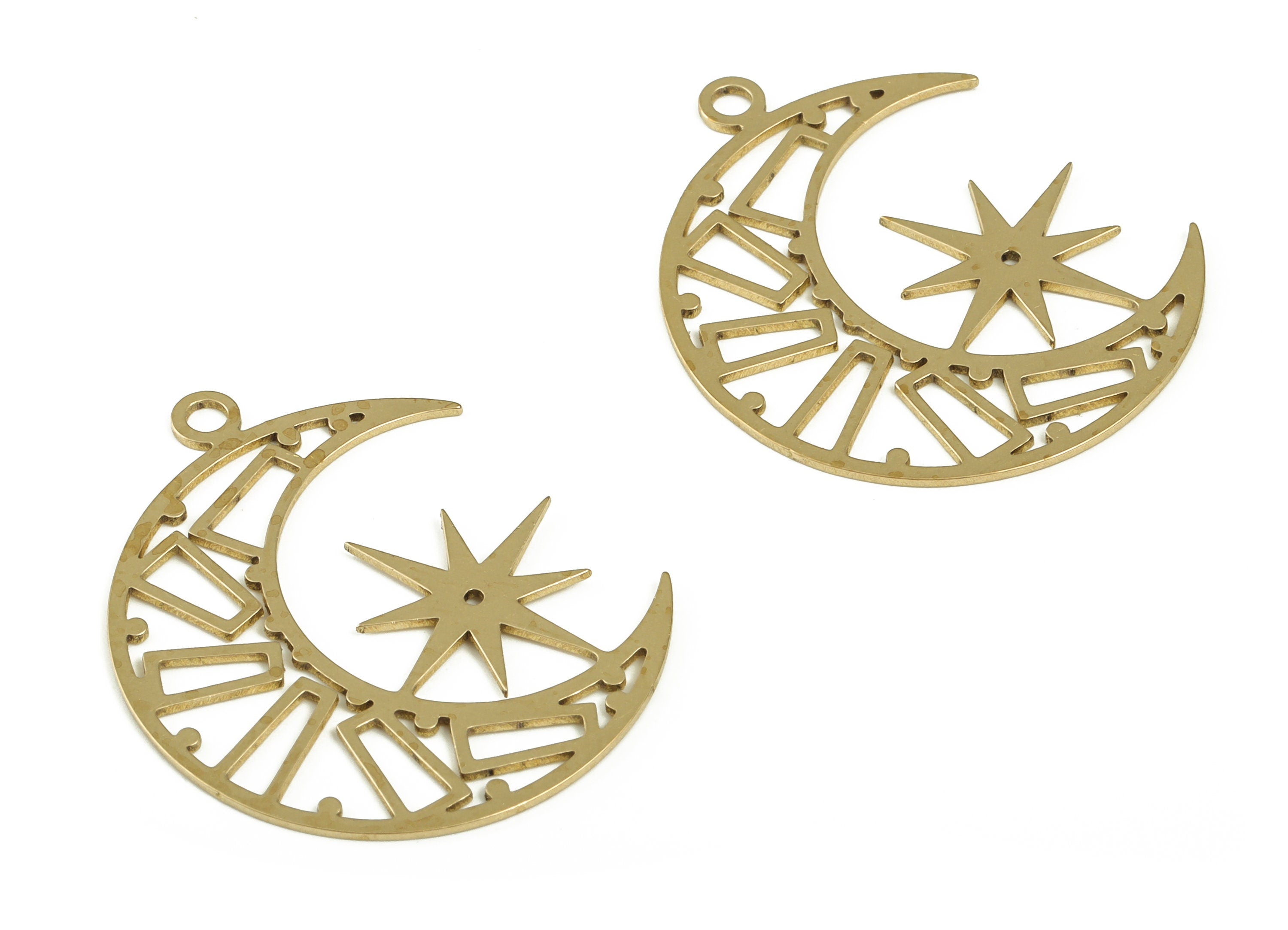 Brass Crescent Earring Charms - Raw Brass Star Pendant - Earrings Finding - Jewelry Making Supplies - 33.45x26.95x0.72mm - PP4197 - DOMEDBAZAAR