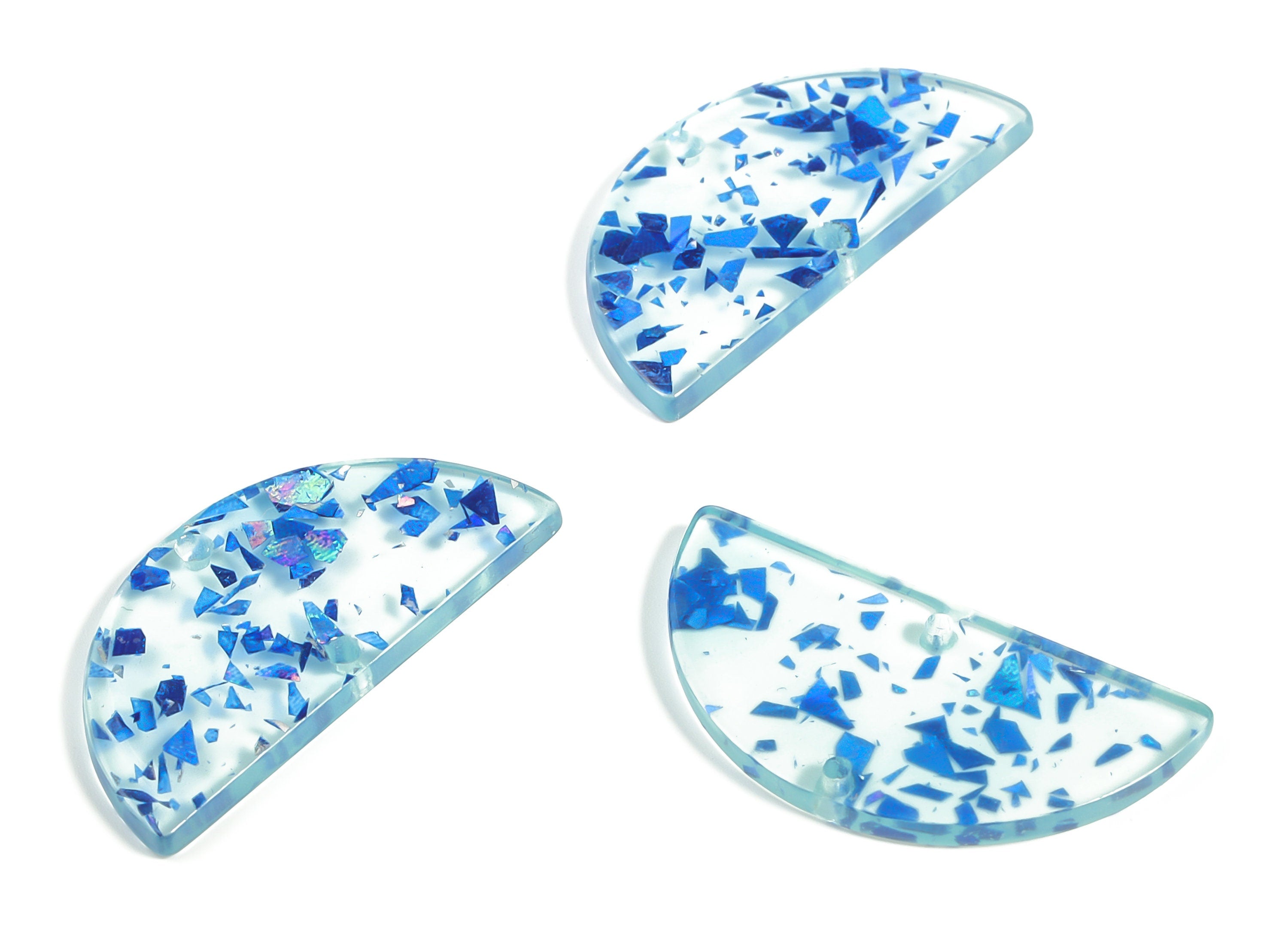 Acrylic Semicircle Earring Connectors - Acrylic Half Moon Charms - Blue Foil & Confetti - Color Code:A621 - 34x17x2.3mm - AC1218-A621 - DOMEDBAZAAR