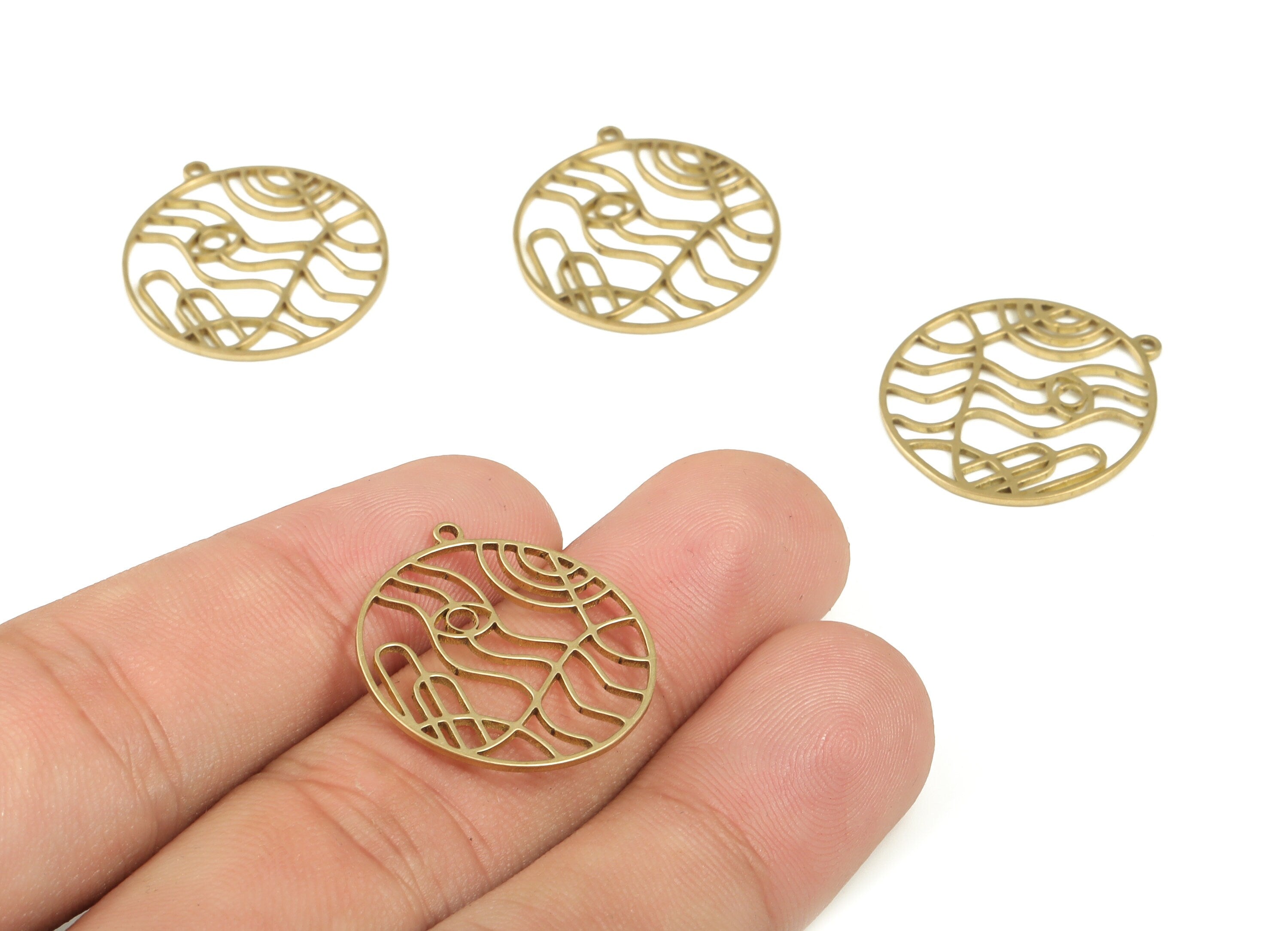 Brass Round Eye Earring Charms - Raw Brass Circle Wave Pendant - Earring Findings - Jewelry Making Supplies - 23.81x21.82x0.89mm - PP4249 - DOMEDBAZAAR