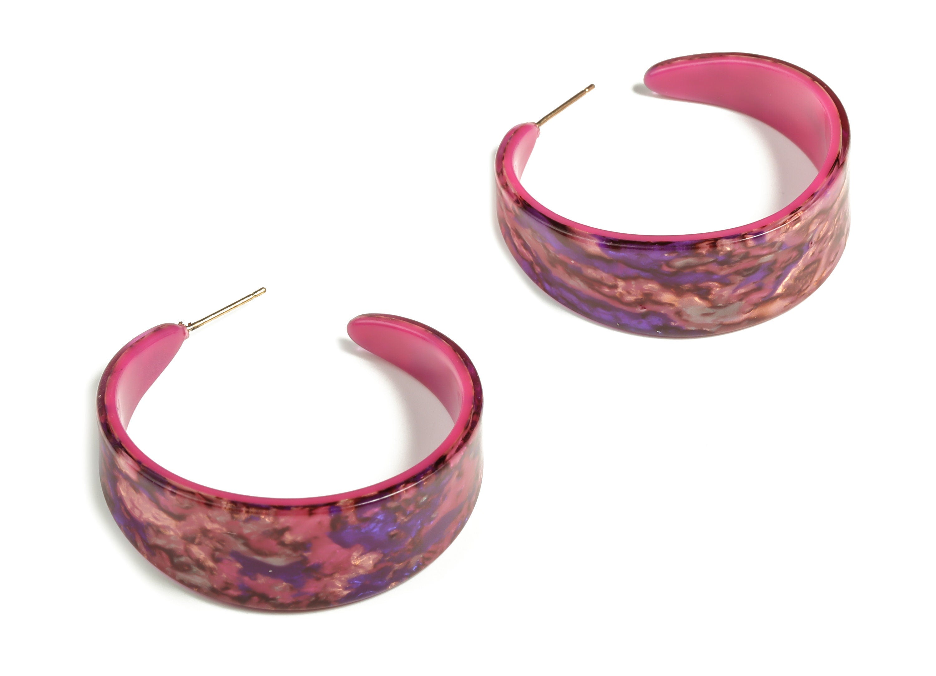 Open Hoop Earrings Stud - Acetate Round Earring Post - Gold Tone Plated Stud - Color Code: A651 - 41.28x14.09x2.83mm - AC2295-A651G - DOMEDBAZAAR