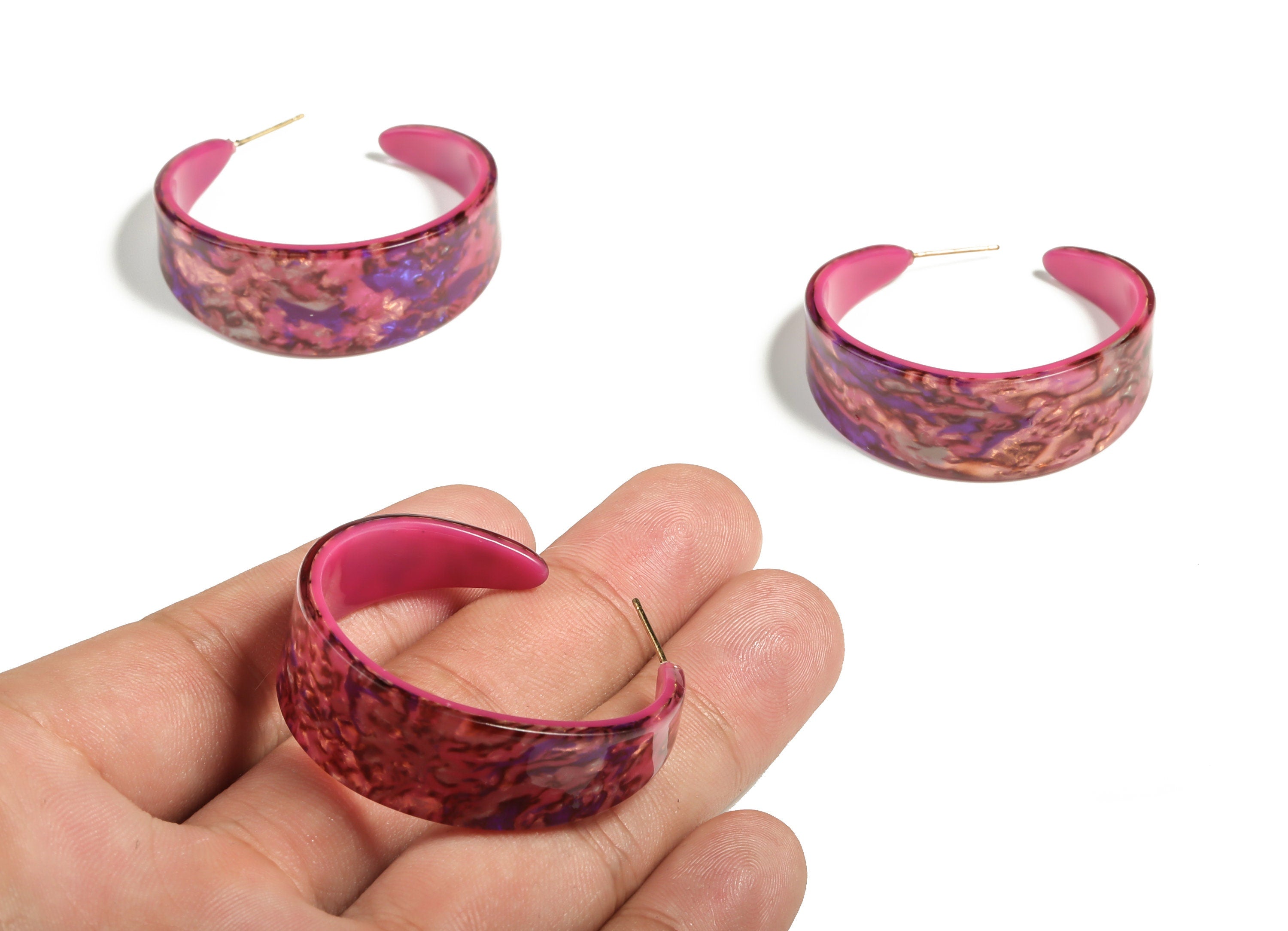 Open Hoop Earrings Stud - Acetate Round Earring Post - Gold Tone Plated Stud - Color Code: A651 - 41.28x14.09x2.83mm - AC2295-A651G - DOMEDBAZAAR