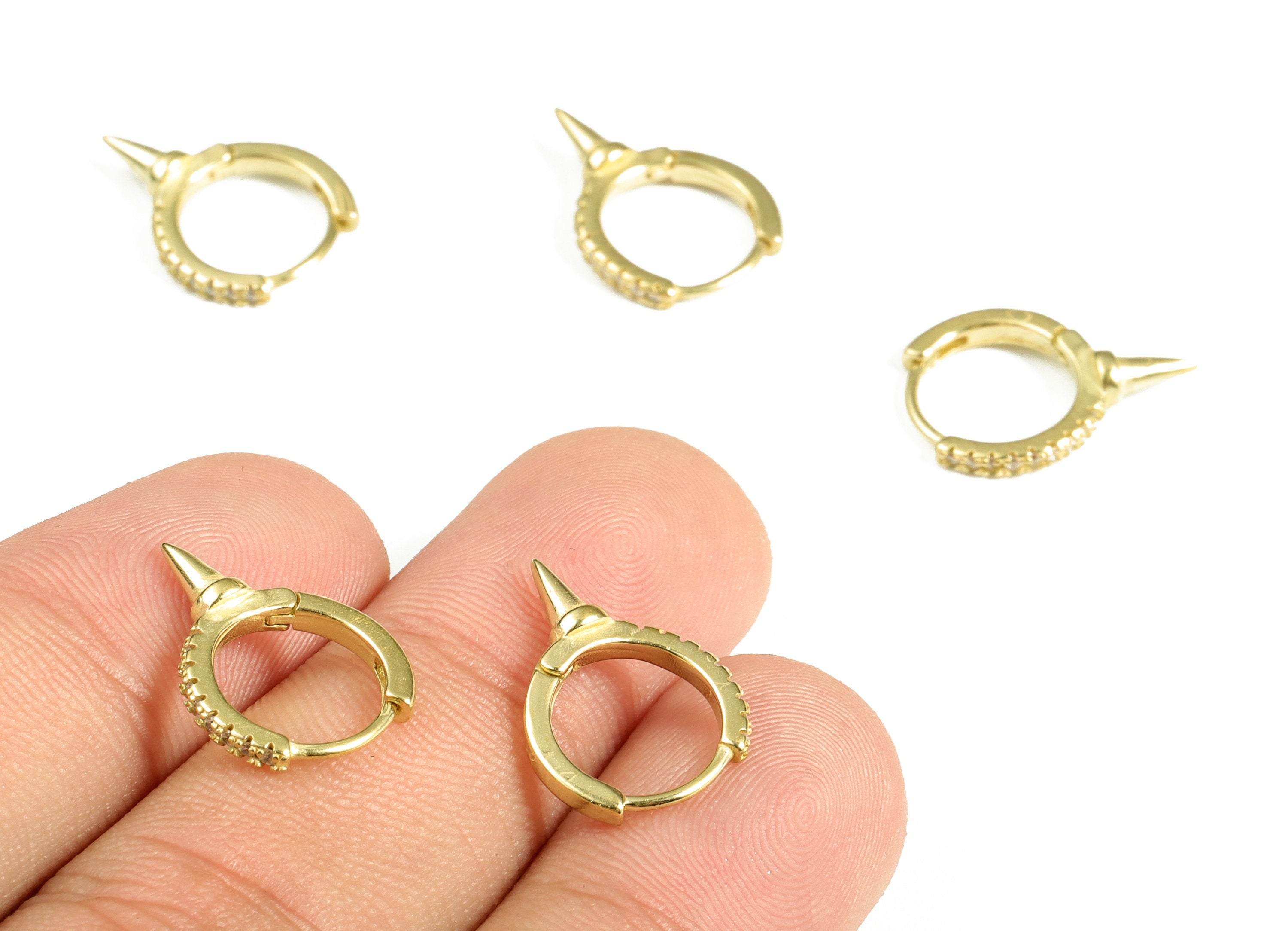 Brass Huggie Hoop Earring – Spike Zircon Hoops – Raw Brass Cone Huggie Hoop Earring – Jewelry Making Supplies - 17.44×12.36×2mm - PP4082 - DOMEDBAZAAR