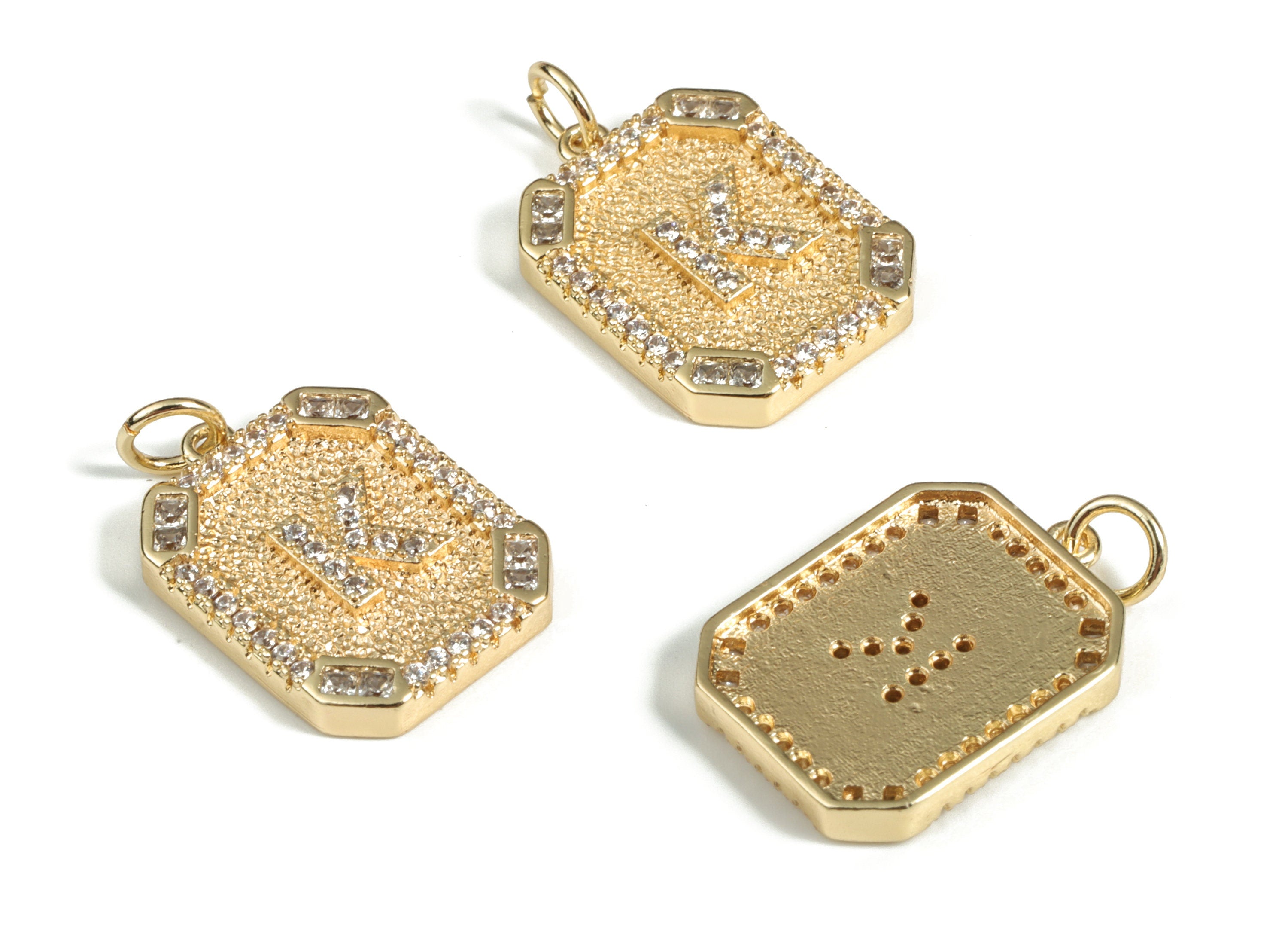 Brass Square Letter K Earring Charm With Zircons - Initial K Gold Square Pendant -18k Real Gold Plated Brass - 22.89x13.97x2.7mm - RGP3135K - DOMEDBAZAAR