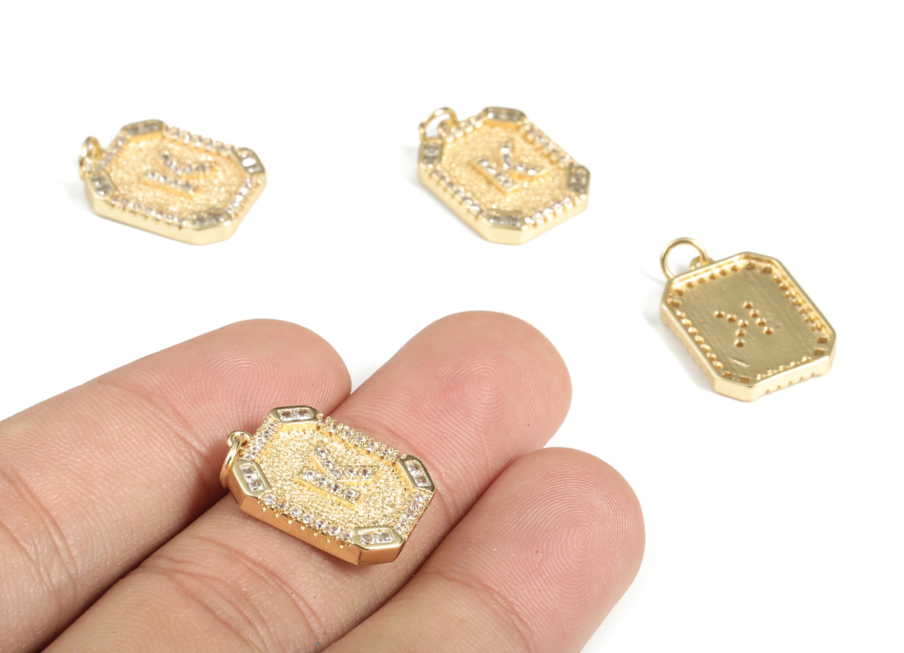 Brass Square Letter K Earring Charm With Zircons - Initial K Gold Square Pendant -18k Real Gold Plated Brass - 22.89x13.97x2.7mm - RGP3135K - DOMEDBAZAAR
