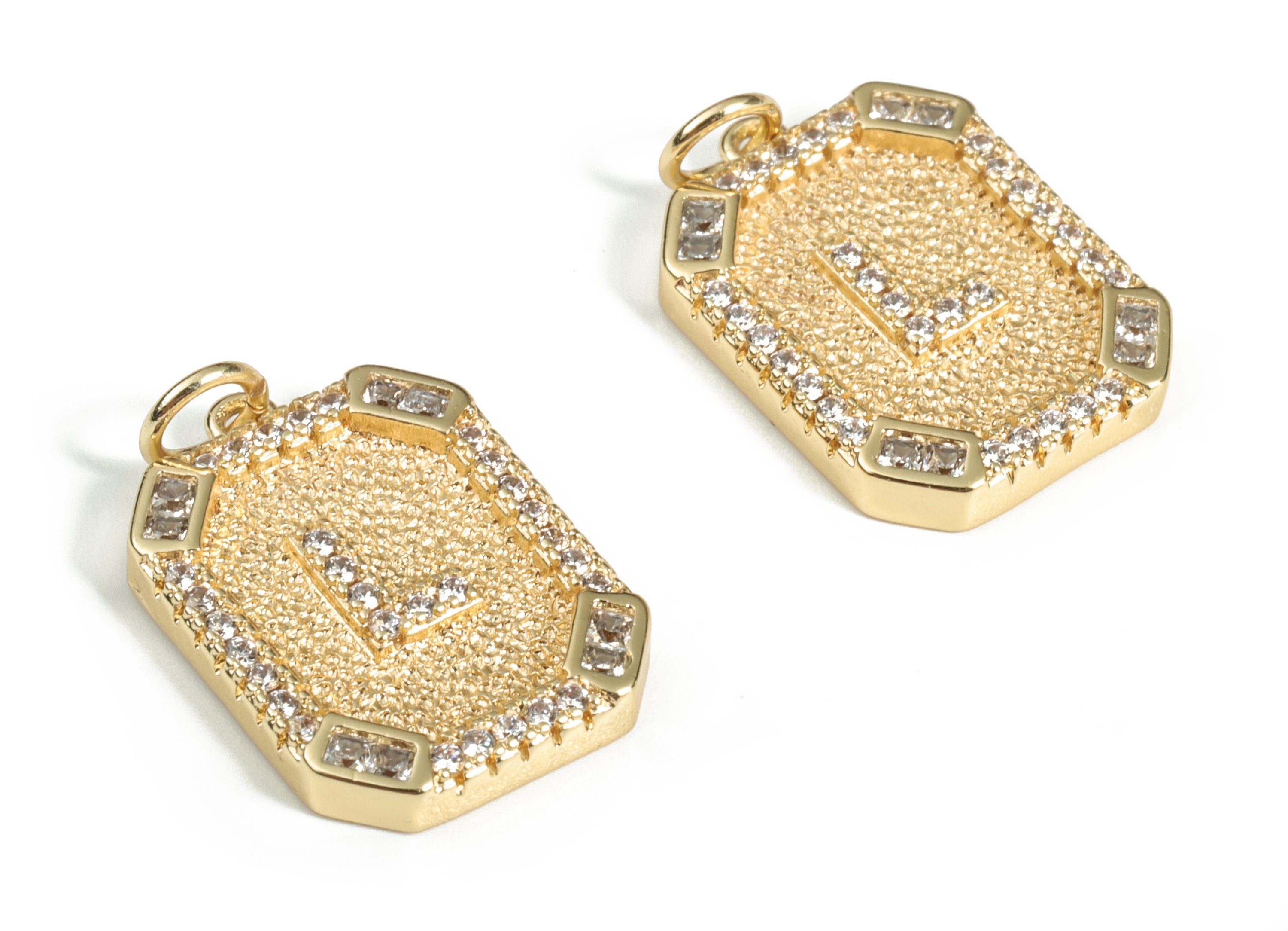 Brass Square Letter L Earring Charm With Zircons - 18k Real Gold Plated Brass - Initial L Gold Square Pendant - 22.89x13.97x2.7mm - RGP3135L - DOMEDBAZAAR
