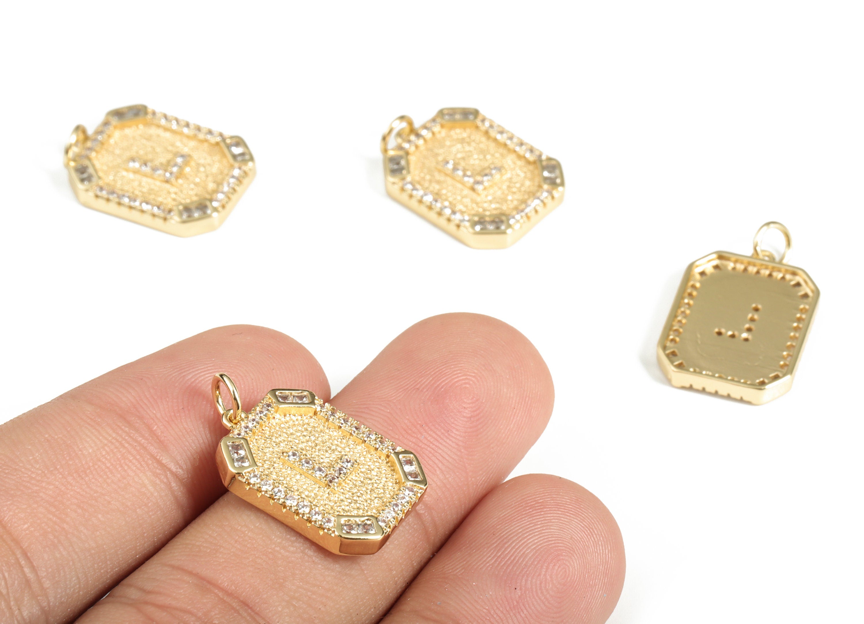 Brass Square Letter L Earring Charm With Zircons - 18k Real Gold Plated Brass - Initial L Gold Square Pendant - 22.89x13.97x2.7mm - RGP3135L - DOMEDBAZAAR