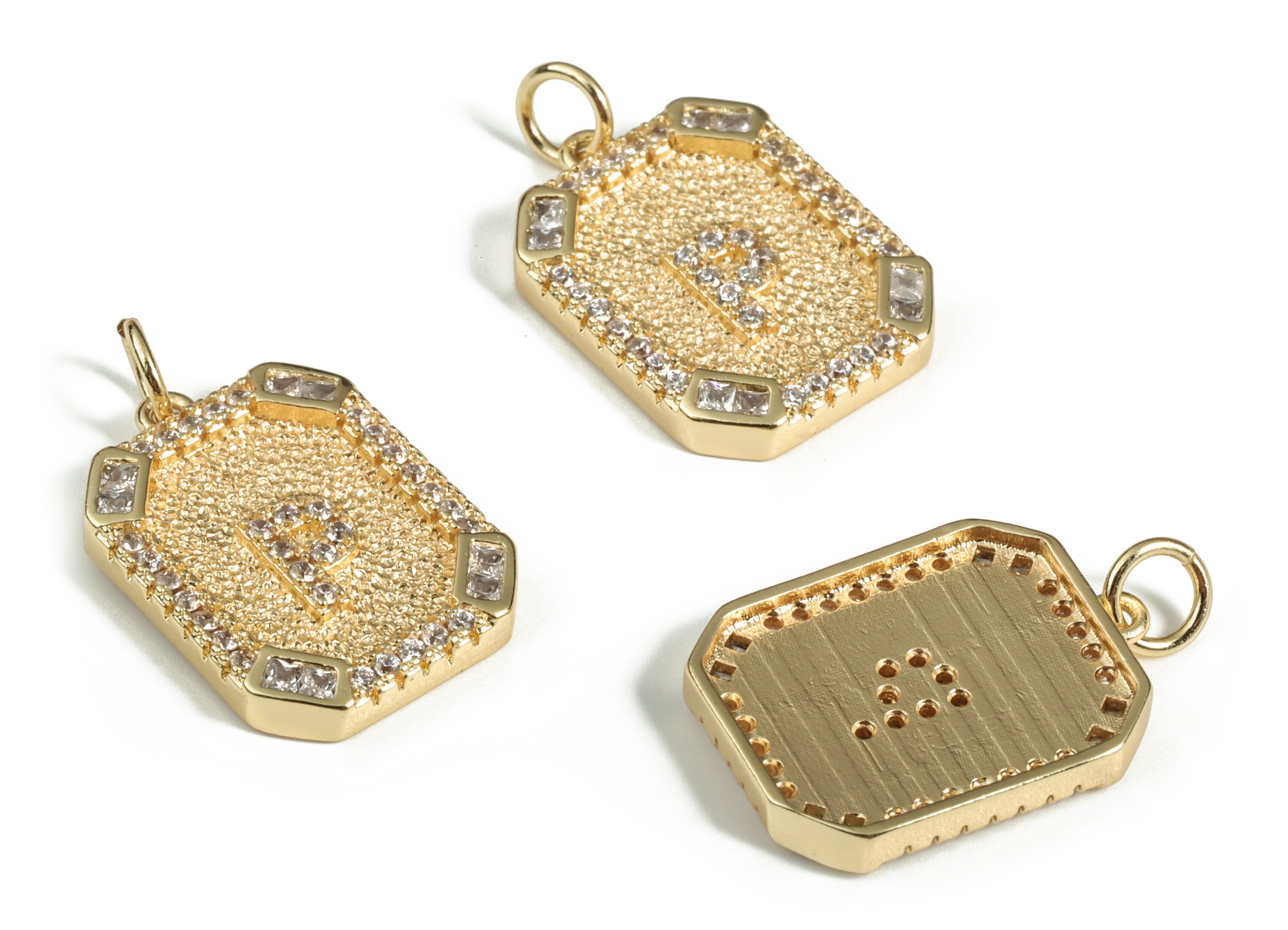 Brass Square Letter P Earring Charm With Zircons - 18k Real Gold Plated Brass - Initial P Gold Square Pendant - 22.89x13.97x2.7mm - RGP3135P - DOMEDBAZAAR