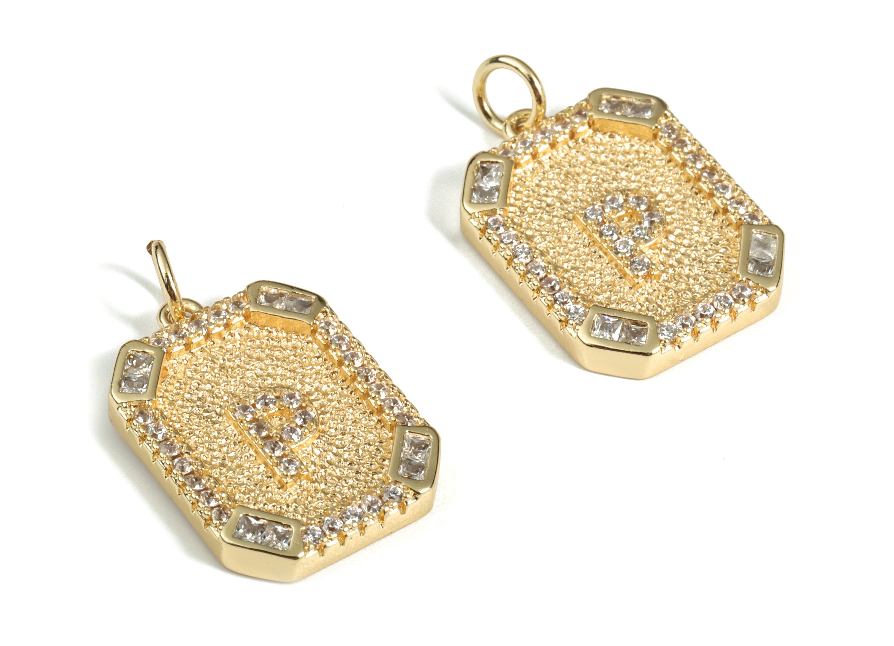 Brass Square Letter P Earring Charm With Zircons - 18k Real Gold Plated Brass - Initial P Gold Square Pendant - 22.89x13.97x2.7mm - RGP3135P - DOMEDBAZAAR