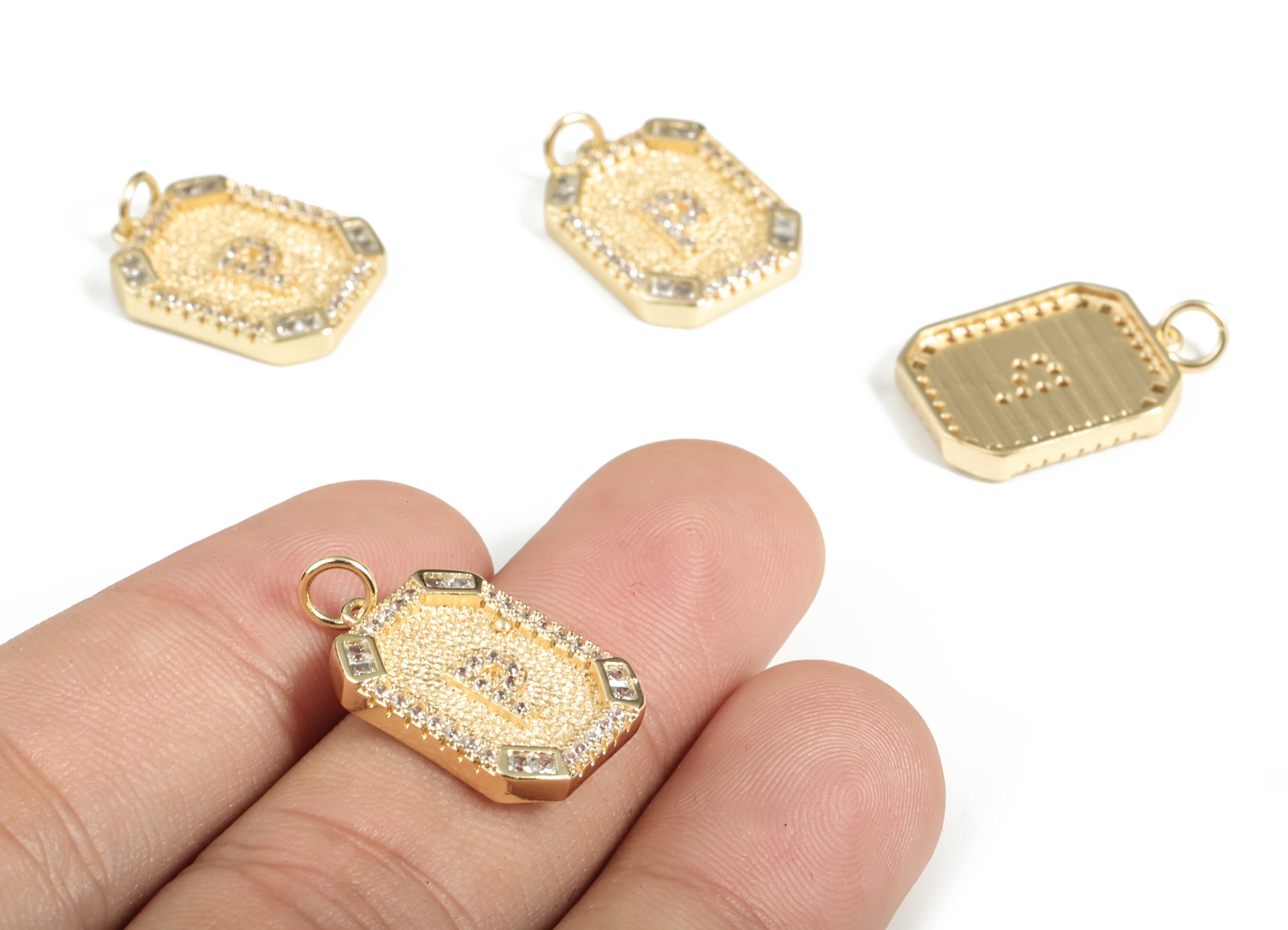 Brass Square Letter P Earring Charm With Zircons - 18k Real Gold Plated Brass - Initial P Gold Square Pendant - 22.89x13.97x2.7mm - RGP3135P - DOMEDBAZAAR