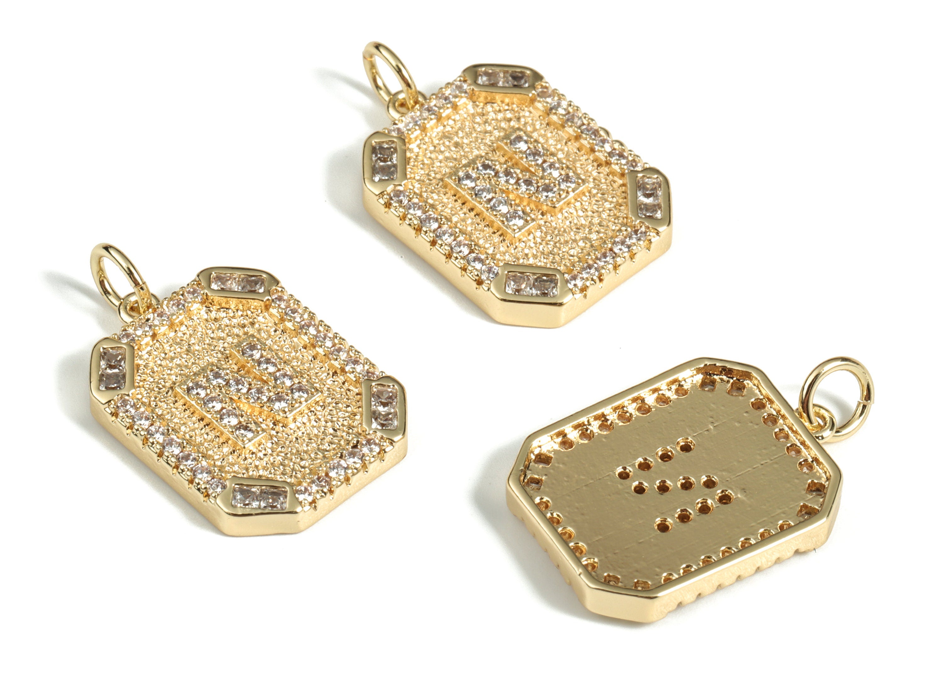 Brass Square Letter N Earring Charm With Zircons - 18k Real Gold Plated Brass - Initial N Gold Square Pendant - 22.89x13.97x2.7mm - RGP3135N - DOMEDBAZAAR