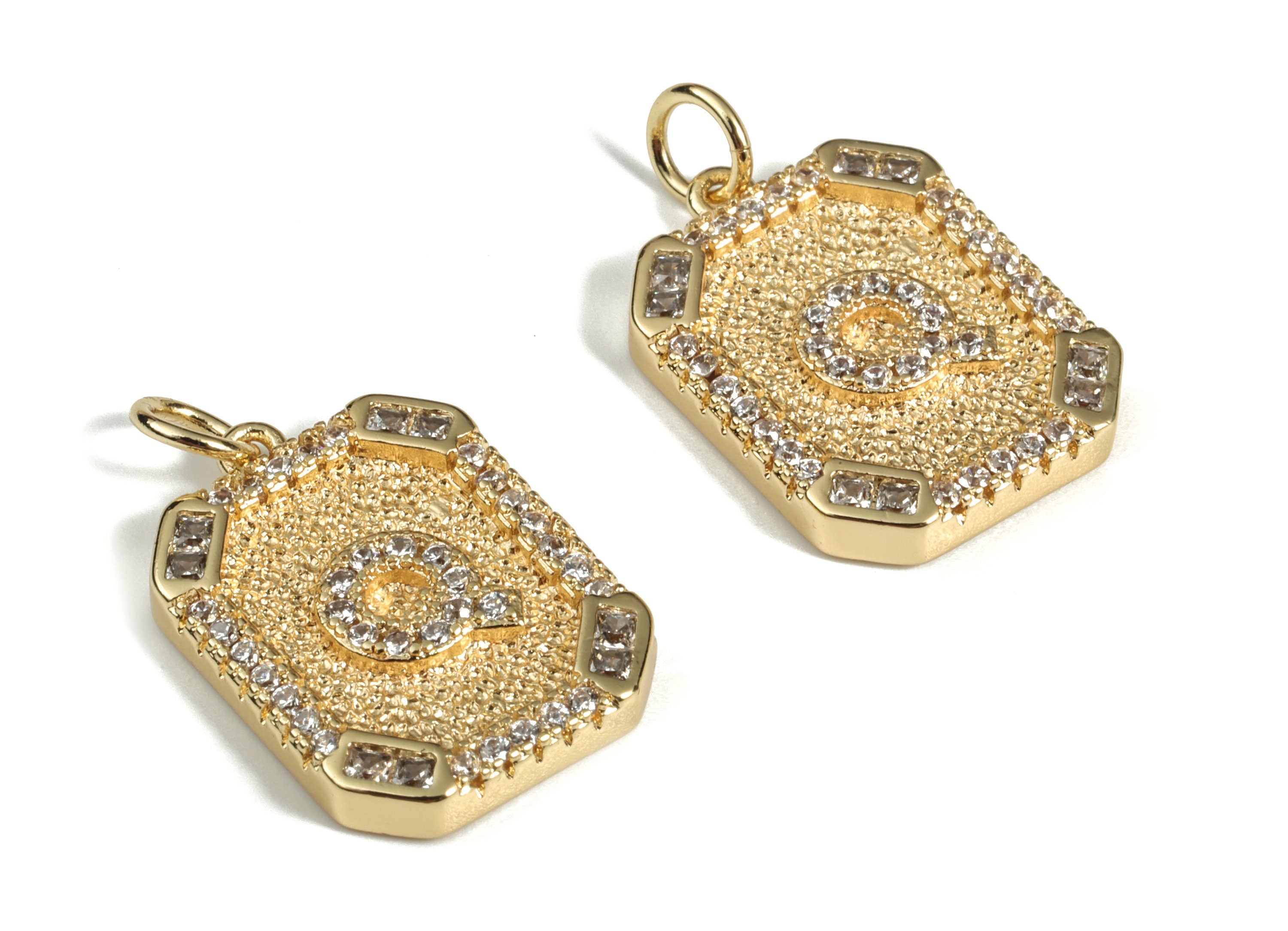 Brass Square Letter Q Earring Charm With Zircons - Initial Q Gold Square Pendant -18k Real Gold Plated Brass - 22.89x13.97x2.7mm - RGP3135Q - DOMEDBAZAAR