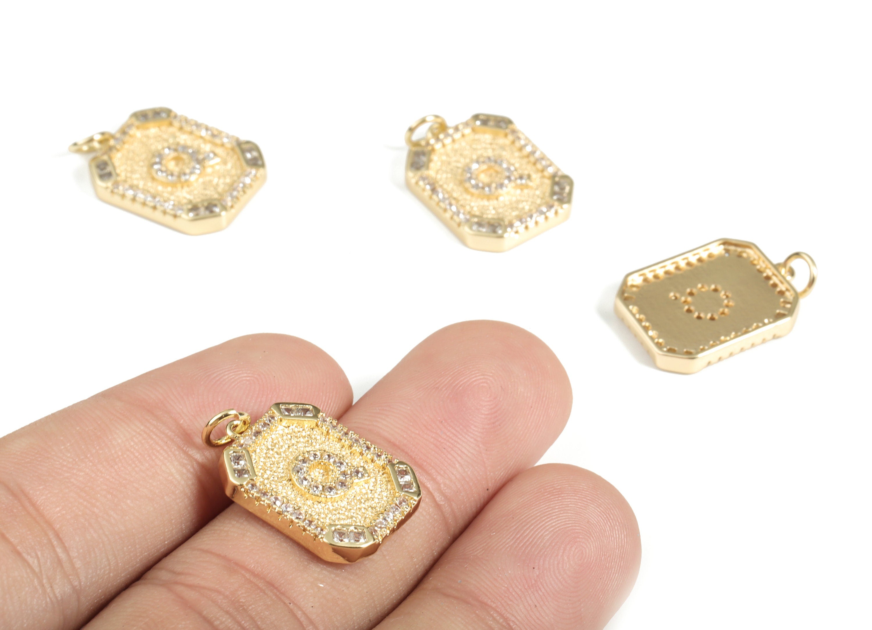 Brass Square Letter Q Earring Charm With Zircons - Initial Q Gold Square Pendant -18k Real Gold Plated Brass - 22.89x13.97x2.7mm - RGP3135Q - DOMEDBAZAAR