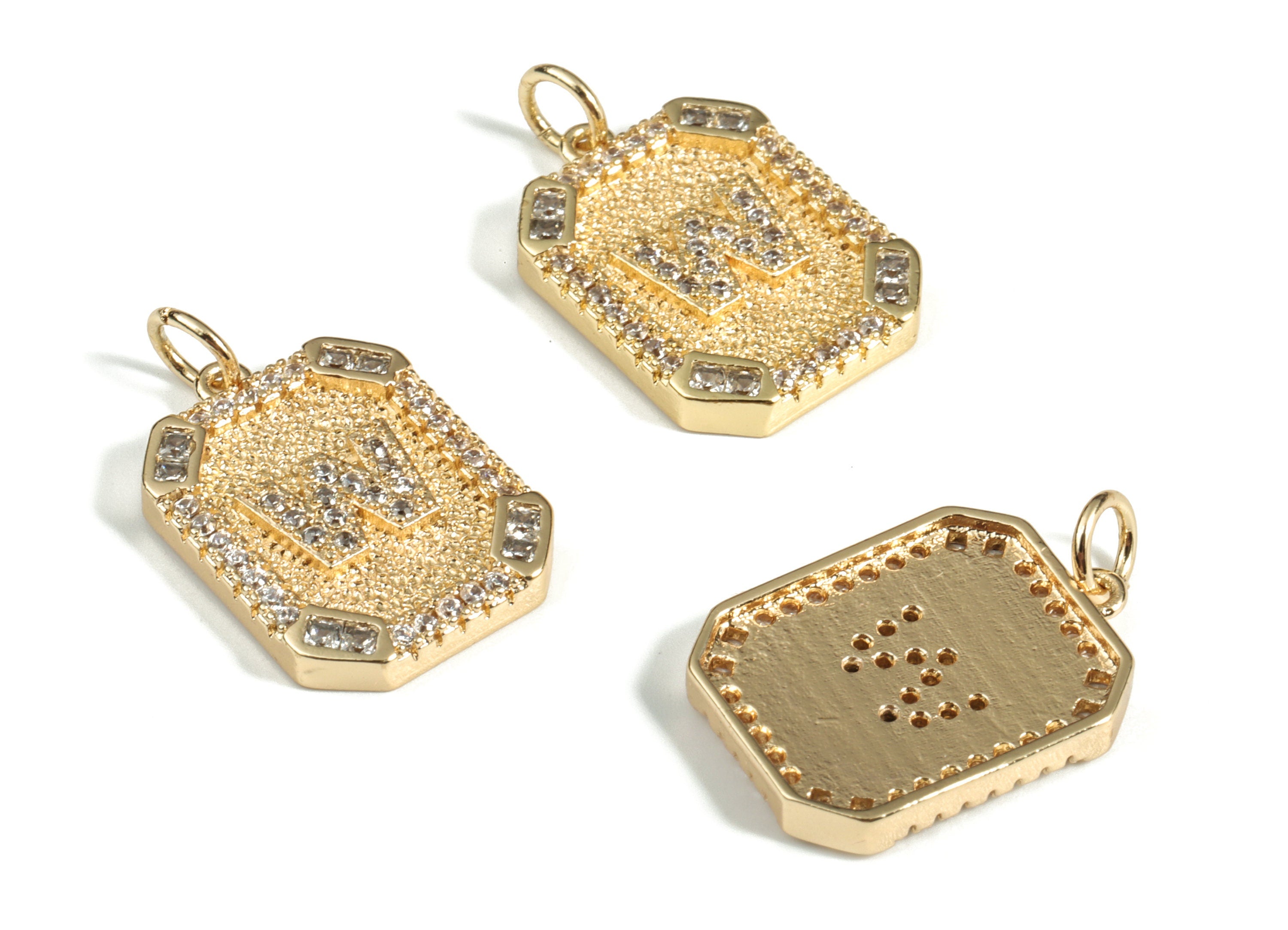 Brass Square Letter W Earring Charm With Zircons - 18k Real Gold Plated Brass - Initial W Gold Square Pendant - 22.89x13.97x2.7mm - RGP3135W - DOMEDBAZAAR