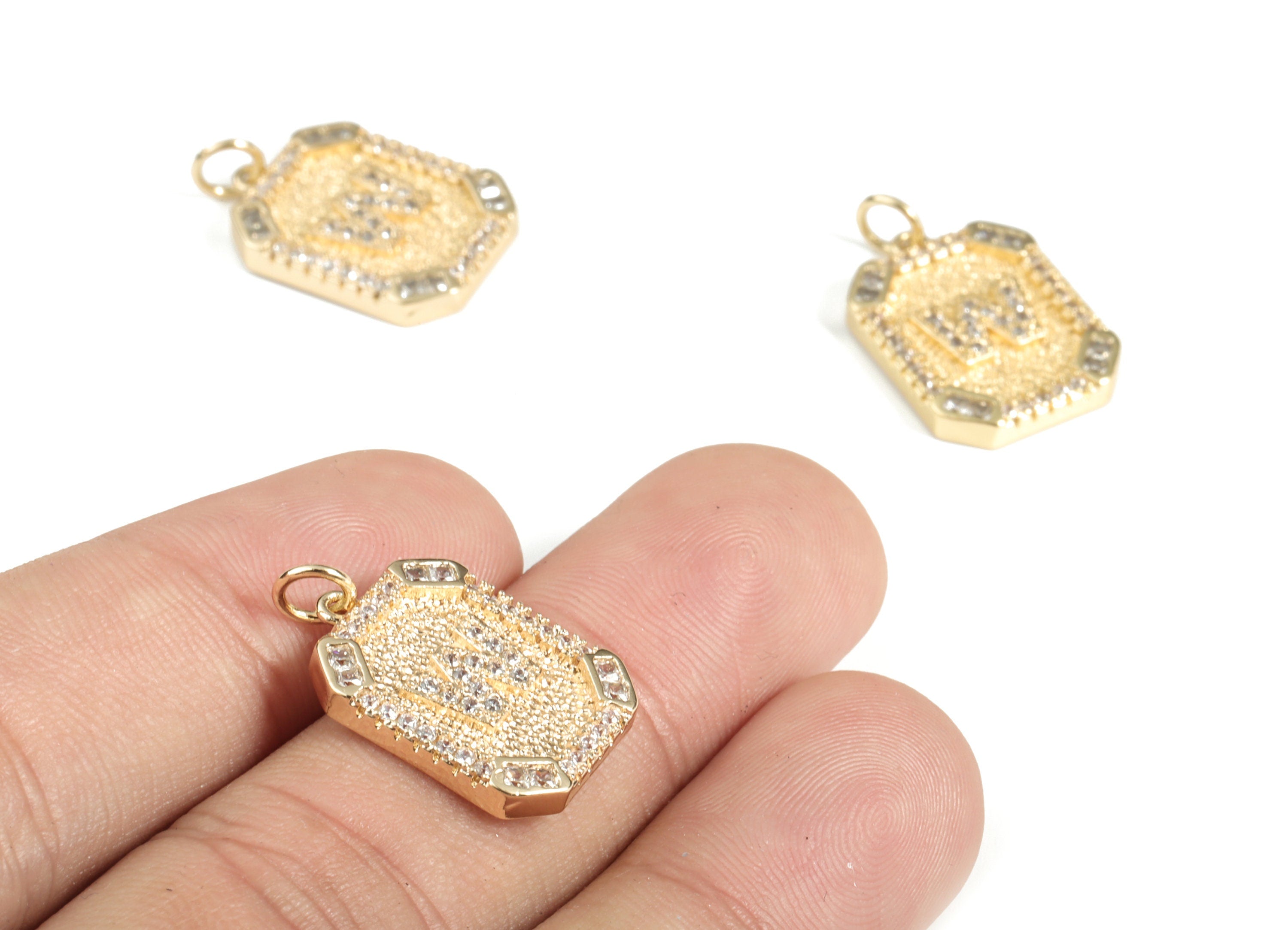 Brass Square Letter W Earring Charm With Zircons - 18k Real Gold Plated Brass - Initial W Gold Square Pendant - 22.89x13.97x2.7mm - RGP3135W - DOMEDBAZAAR