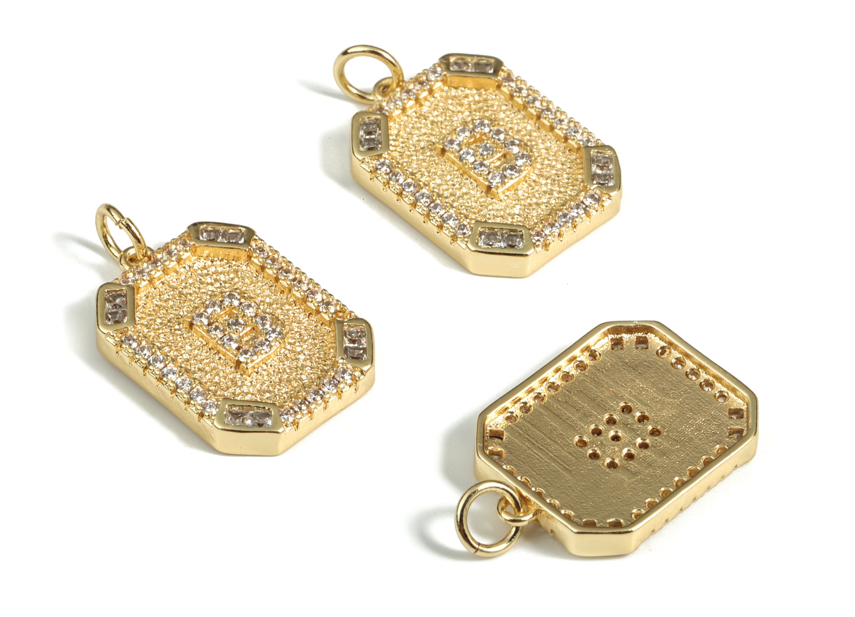 Brass Square Letter B Earring Charm with Zircons - Initial B Gold Square Pendant - 18k Real Gold Plated Brass - 22.89x13.97x2.7mm - RGP3135B - DOMEDBAZAAR