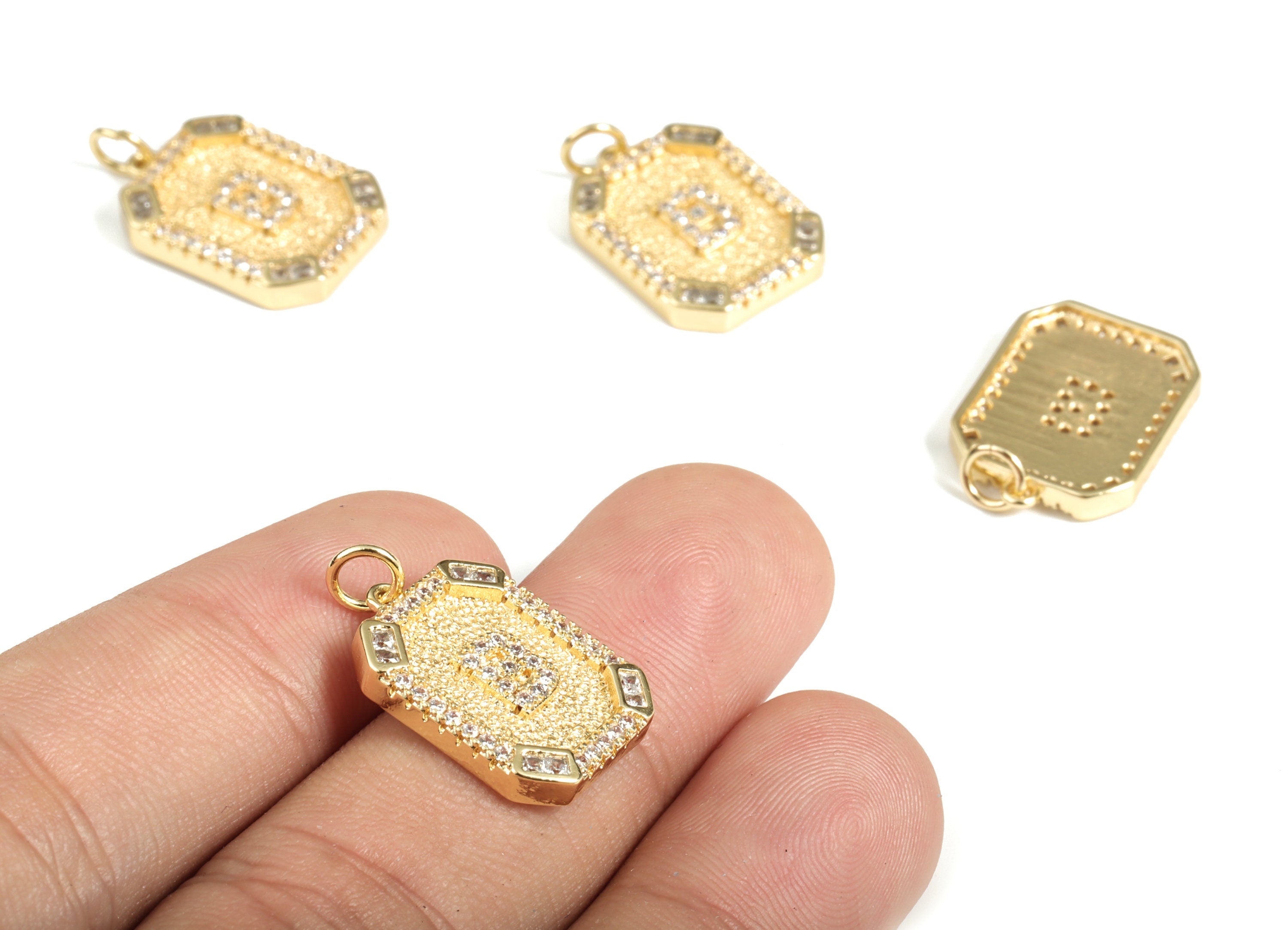 Brass Square Letter B Earring Charm with Zircons - Initial B Gold Square Pendant - 18k Real Gold Plated Brass - 22.89x13.97x2.7mm - RGP3135B - DOMEDBAZAAR