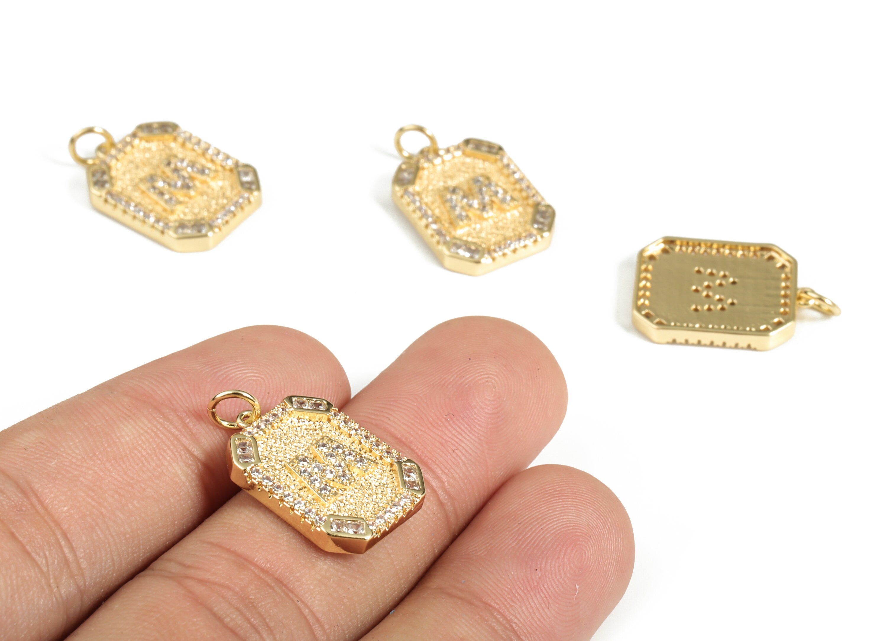 Brass Square Letter M Earring Charm With Zircons -Initial M Gold Square Pendant -18k Real Gold Plated Brass - 22.89x13.97x2.7mm - RGP3135M - DOMEDBAZAAR