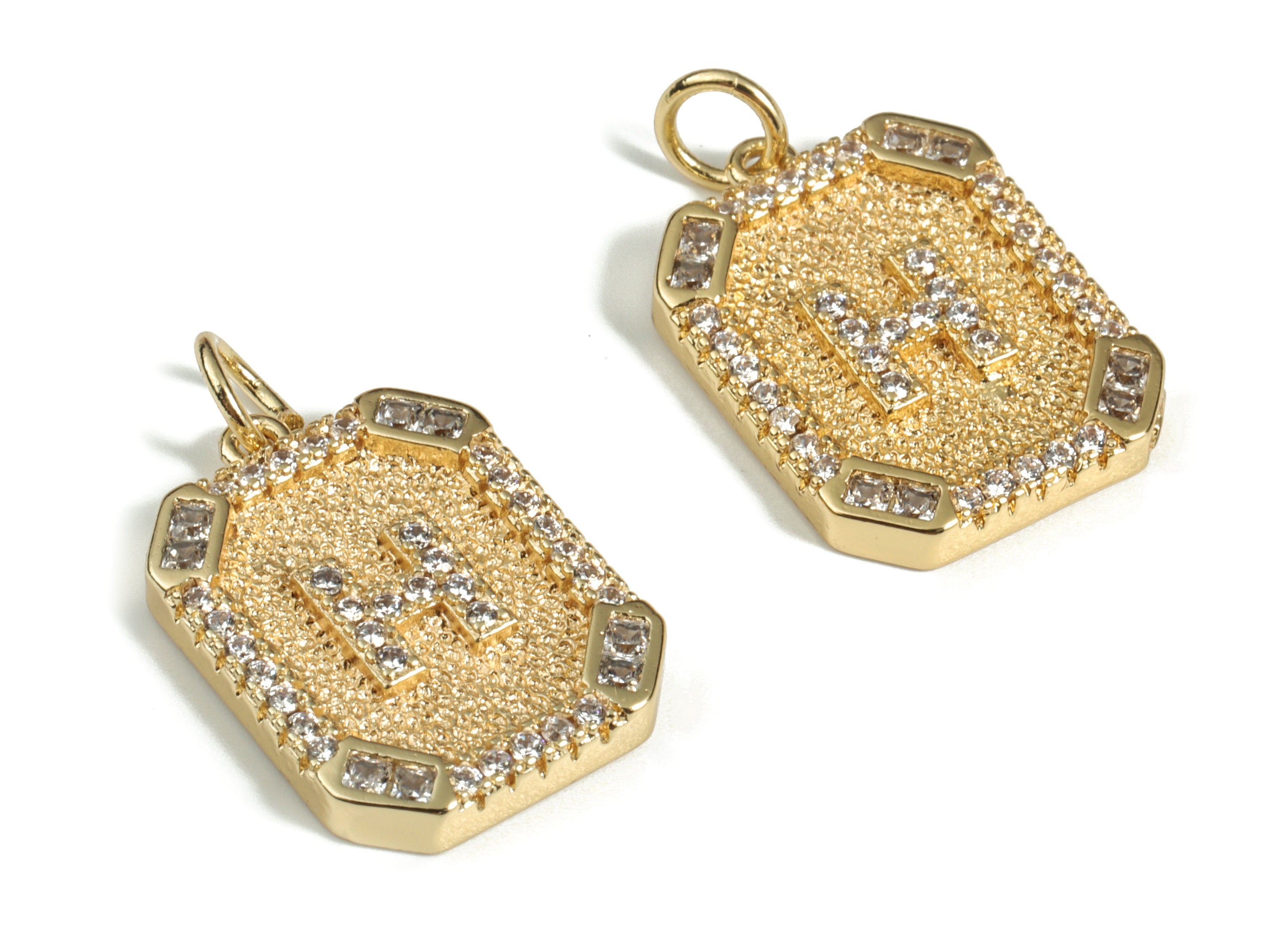 Brass Square Letter H Earring Charm With Zircons - Initial H Gold Square Pendant - 18k Real Gold Plated Brass - 22.89x13.97x2.7mm - RGP3135H - DOMEDBAZAAR