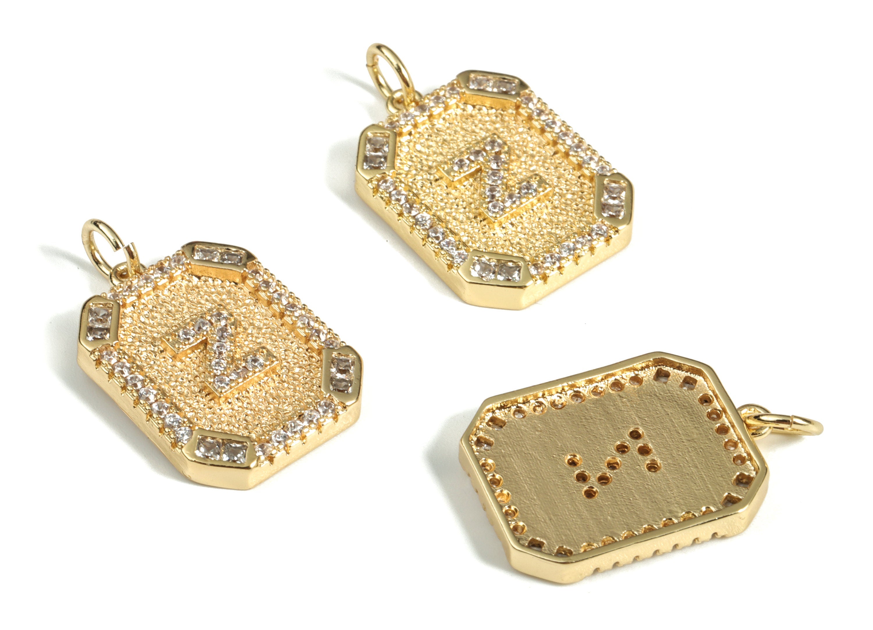 Brass Square Letter Z Earring Charm With Zircons - Initial Z Gold Square Pendant -18k Real Gold Plated Brass - 22.89x13.97x2.7mm - RGP3135Z - DOMEDBAZAAR